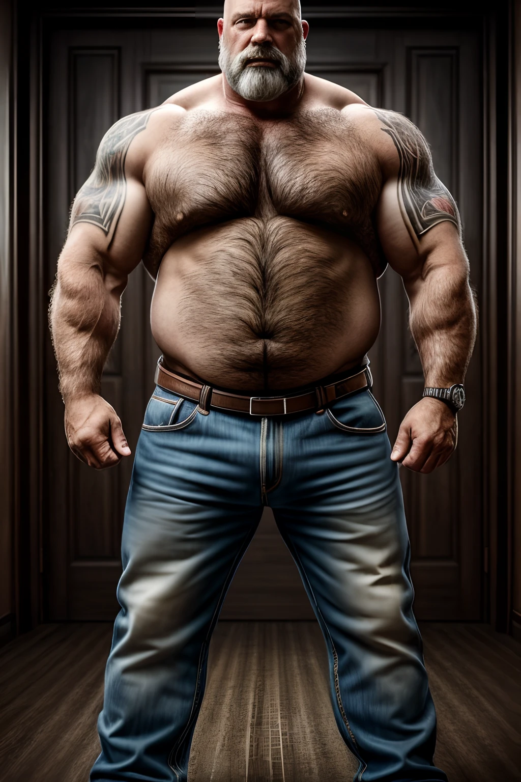 A portrait full body photograph A tractive mid age heavy trucker-driver, bald Strong, muscular, hairy big belly bodybuilder,   showing very hairy groin area, epic realistic, photo, faded, neutral colors, ((((hdr)))), muted colors, intricate scene, artstation, intricate details, vignette