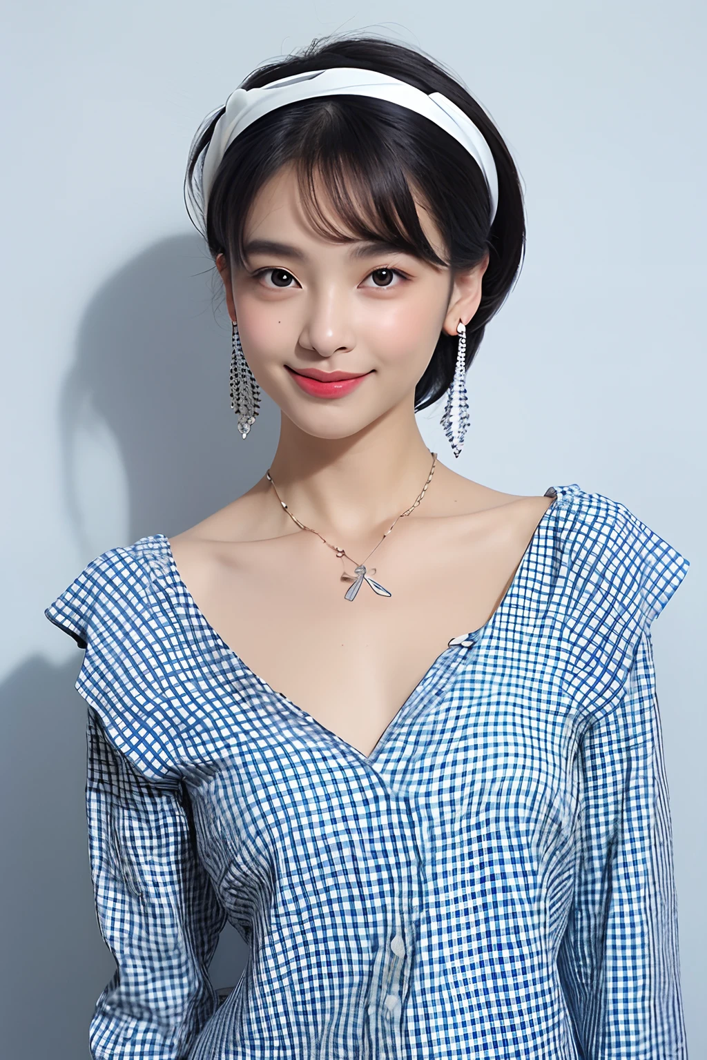 (extra detailed body、extra detailed face、best qualtiy:1.2)、femele、looking at the viewers、(White shortcuts、Shoulder-length ring earrings、a necklace、kindly smile、Large hat with checkerboard pattern、Checkered clothes with open chest、)、(Light blue wall on background:1.4)
