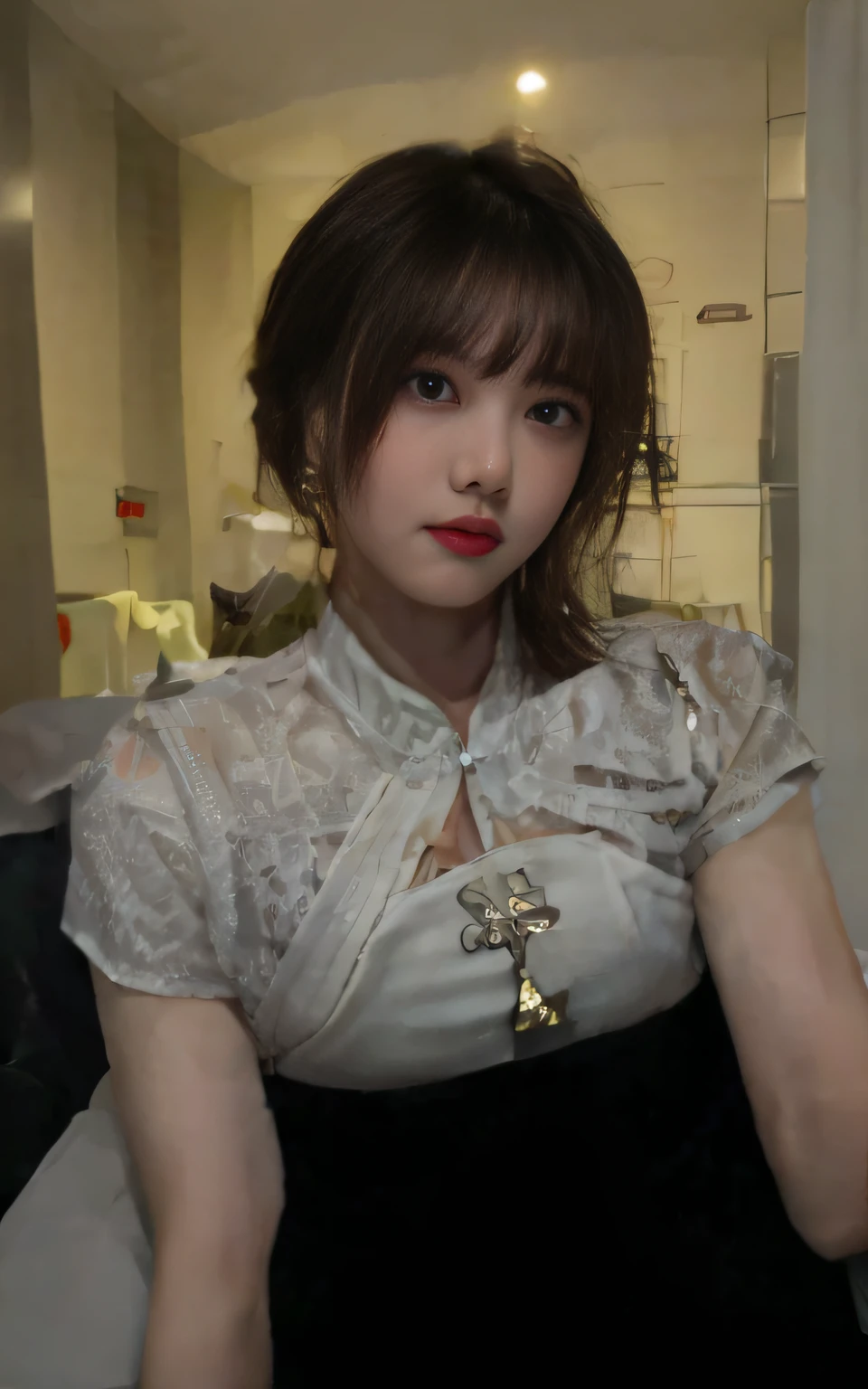 8K raw photos、Beautuful Women:2.0、20yr old、Chinese big breasts、Lovely big、nedium breasts、((cheer girl:1.5))、A miniskirt、Beautiful eyes finely detailed、eyeslashes、((Brown eyes:1.2))、beautiful double eyelid、eye shadows、Perfect eye makeup、((A smile:1.6))、beautiful and thin legs、(Maroon hair)、Medium hair、Fluffy hair、gym room、Daytime、Photorealsitic:1.9、Sexy navel、Skinny legs、tthin eyebrows、tear bag、lofty nose、((Highly sexy))