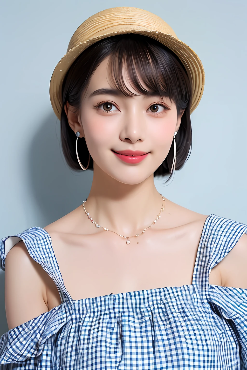 (extra detailed body、extra detailed face、best qualtiy:1.2)、femele、looking at the viewers、(White shortcuts、Shoulder-length ring earrings、a necklace、kindly smile、Large hat with checkerboard pattern、Checkered clothes with open chest、)、(Light blue wall on background:1.4)