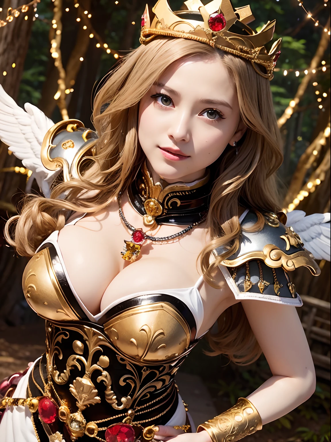 (masutepiece), Professional , ​masterpiece、top-quality、photos realistic , depth of fields 、（Wind element），tornado，Lightning，（Gemstone Silver Metal Body:1.９),(Matte White、(Gangle's forest background),（Brown hair long straight）、Jewel Gold Weapon、（Castle background),Gorgeous metal weapons,(Detailed and realistic angel white wings) , Detailed Sword of the Brave , Beautiful knife 、delicated face、20 years girl  ,warhammer 40k , adepta sororitas,Detail and ornate jewel crown、a blond、(Gangle's forest background)、Beautiful Caucasian beauty、１a person、dynamic ungle,(((Detailed and ornate diamond crown)))、Smaller head、A smile、Powerful poses、Beautiful thin fingers of a woman、cleavage of the breast、