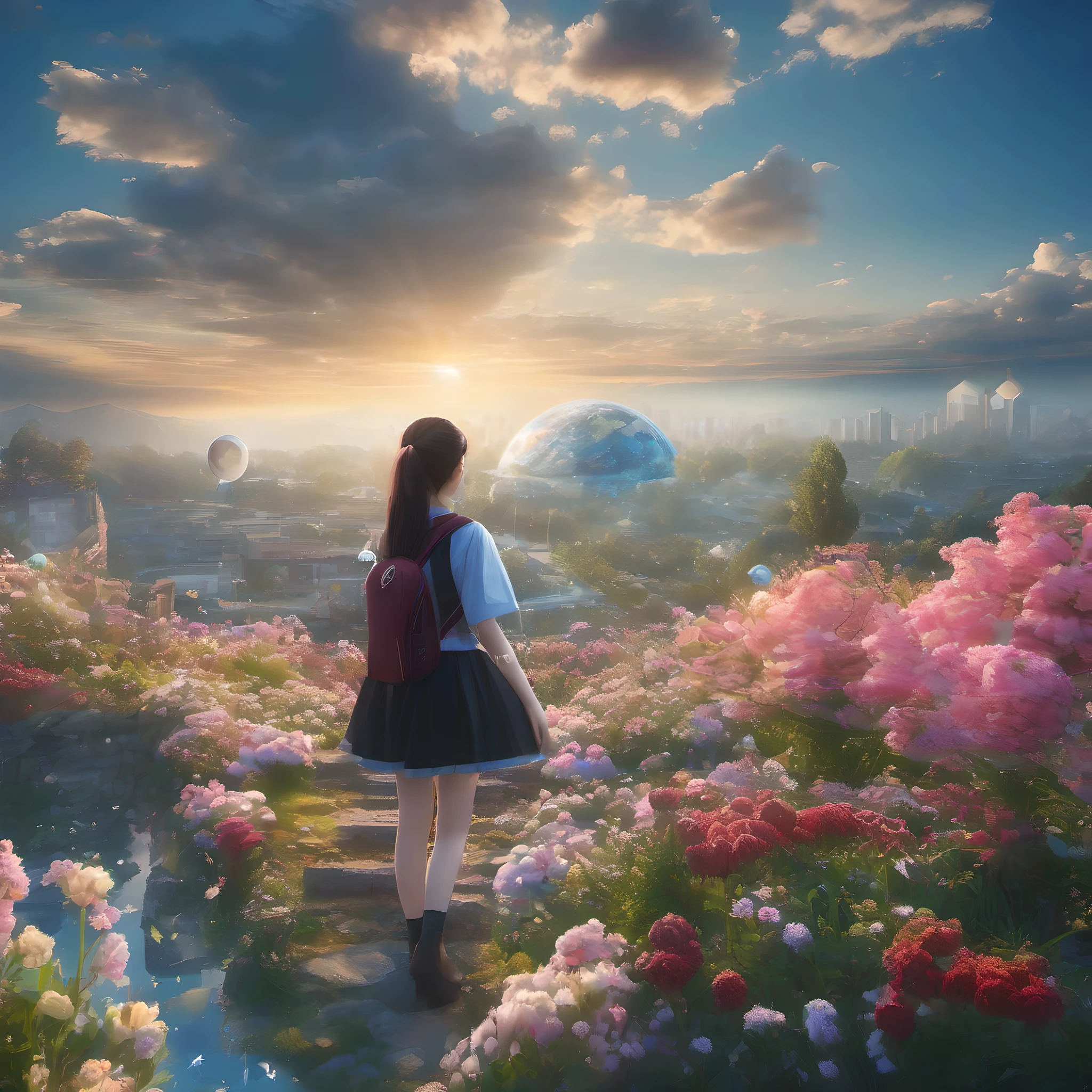 ccurate, best quality, masterpiece, UHD, high details, award winning, (Amazing:2.0), (Surrealism), Conceptual art, Verism, cinematic lighting, floating island in the sky, (((beautiful flower garden))), Horizon, blue sky, paradise scenery, flowers, wind flow, (((fantasy))), frontier, (magnificent space), blurry foreground, bokeh, Hasselblad, lens flare, beautiful school girl, (17 yr old), ((((full body)))), from behind, she moving, without looking at me, (((wearing school uniform))), black eyes, black hair, (floating hair), ((8 life size)), detailed hairstyles, detailed bodyline, anatomically correct, cute face, ((accurately portray her)),