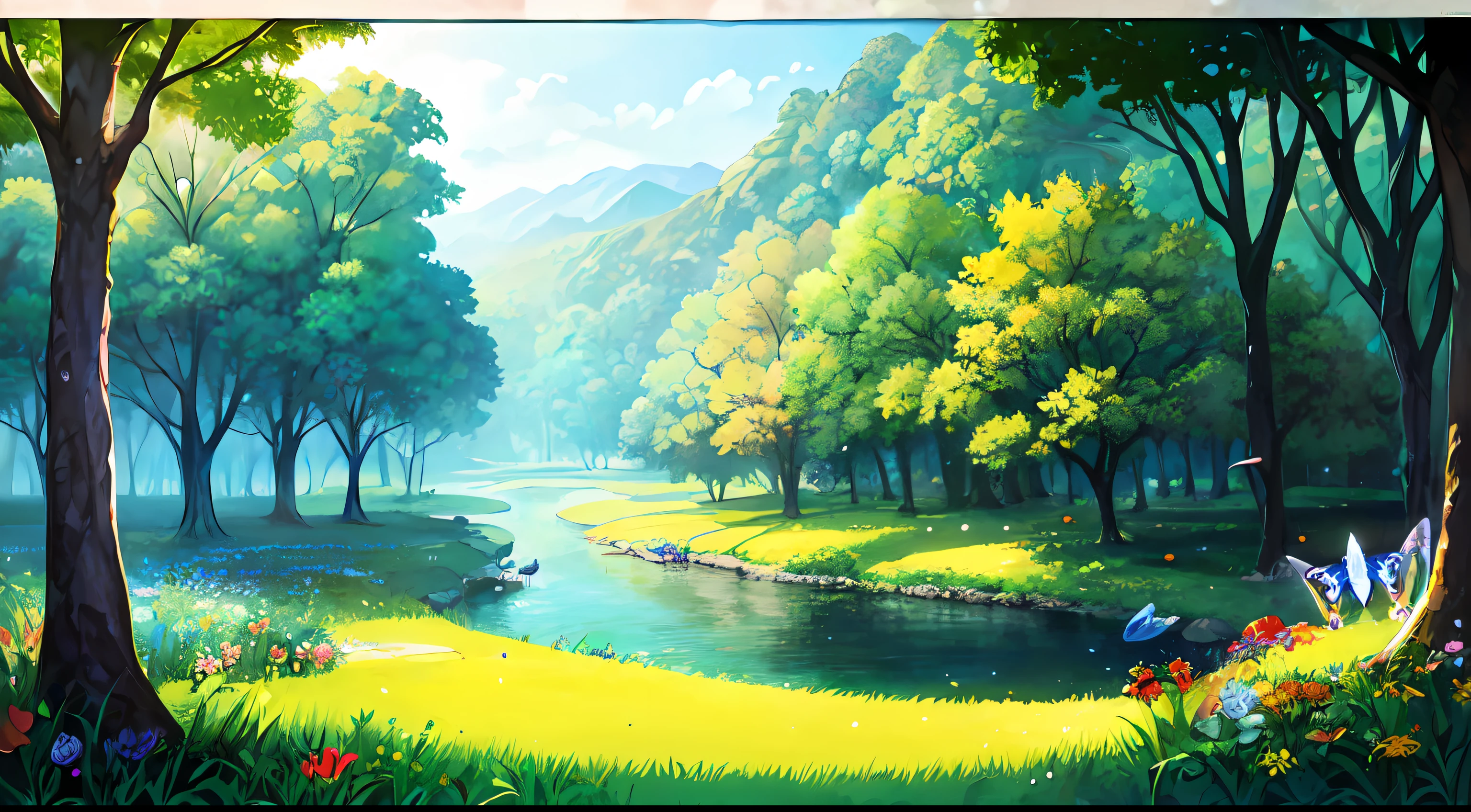 Illustration design for banner, cover art, cover art for art page, wonderland, fantasy land, mysterious forest, flowers, insects, trees, Grass, brushes, colorful, magical land, Dark forestRecife, a Small river, beautiful land,