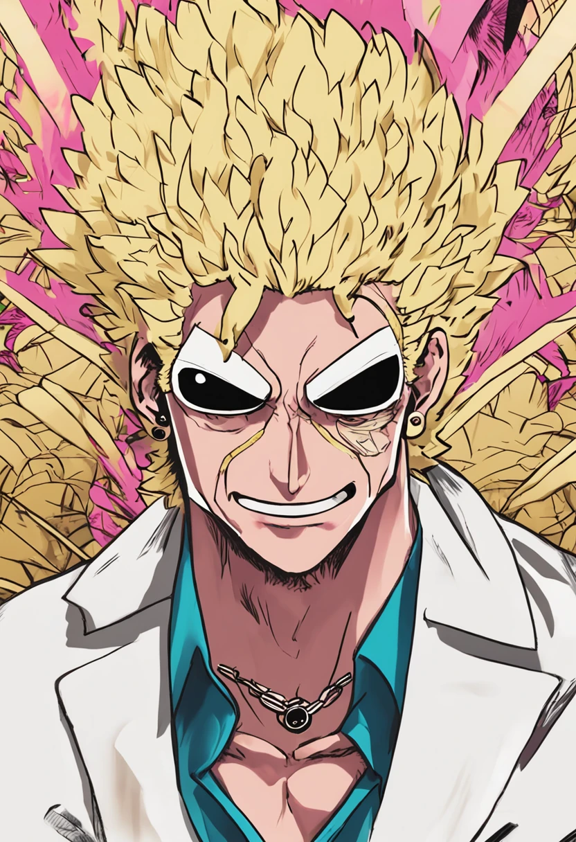 Draw young Doflamingo from One Piece,Golden hair,A half body,Biased towards the style of Hayashida Ball,k hd,A particularly detailed depiction of the face,The background is on the sea