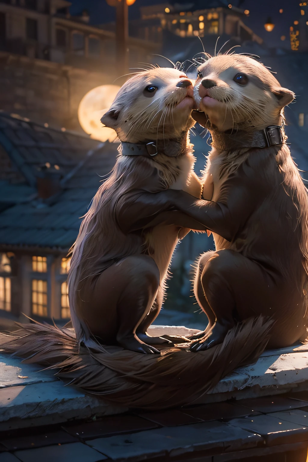 two adorable otters romantically kiss on the rooftop under the enchanting moonlight. masterpiece, volumetric lighting, intricate details