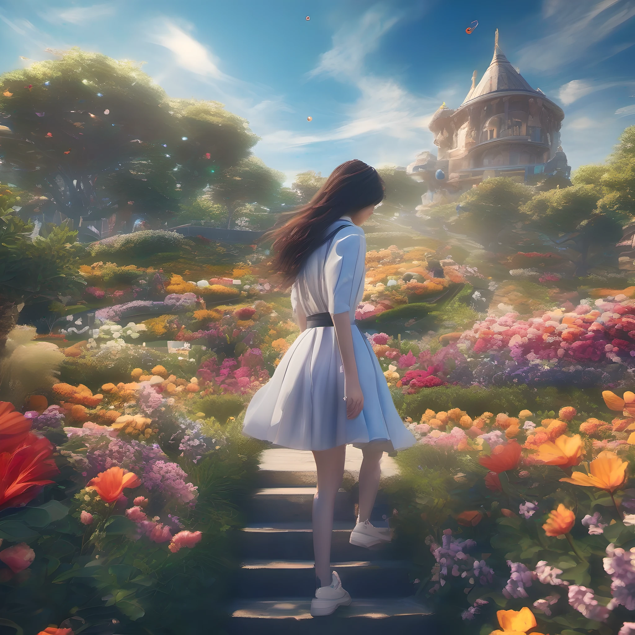 ccurate, best quality, masterpiece, UHD, high details, award winning, (Amazing:2.0), (Surrealism), Conceptual art, Verism, cinematic lighting, floating island in the sky, (((beautiful flower garden))), Horizon, blue sky, paradise scenery, flowers, wind flow, (((fantasy))), frontier, (magnificent space), blurry foreground, bokeh, Hasselblad, lens flare, beautiful school girl, (17 yr old), ((((full body)))), from behind, she moving, without looking at me, (((wearing school uniform))), black eyes, black hair, (floating hair), ((8 life size)), detailed hairstyles, detailed bodyline, anatomically correct, cute face, ((accurately portray her)),
