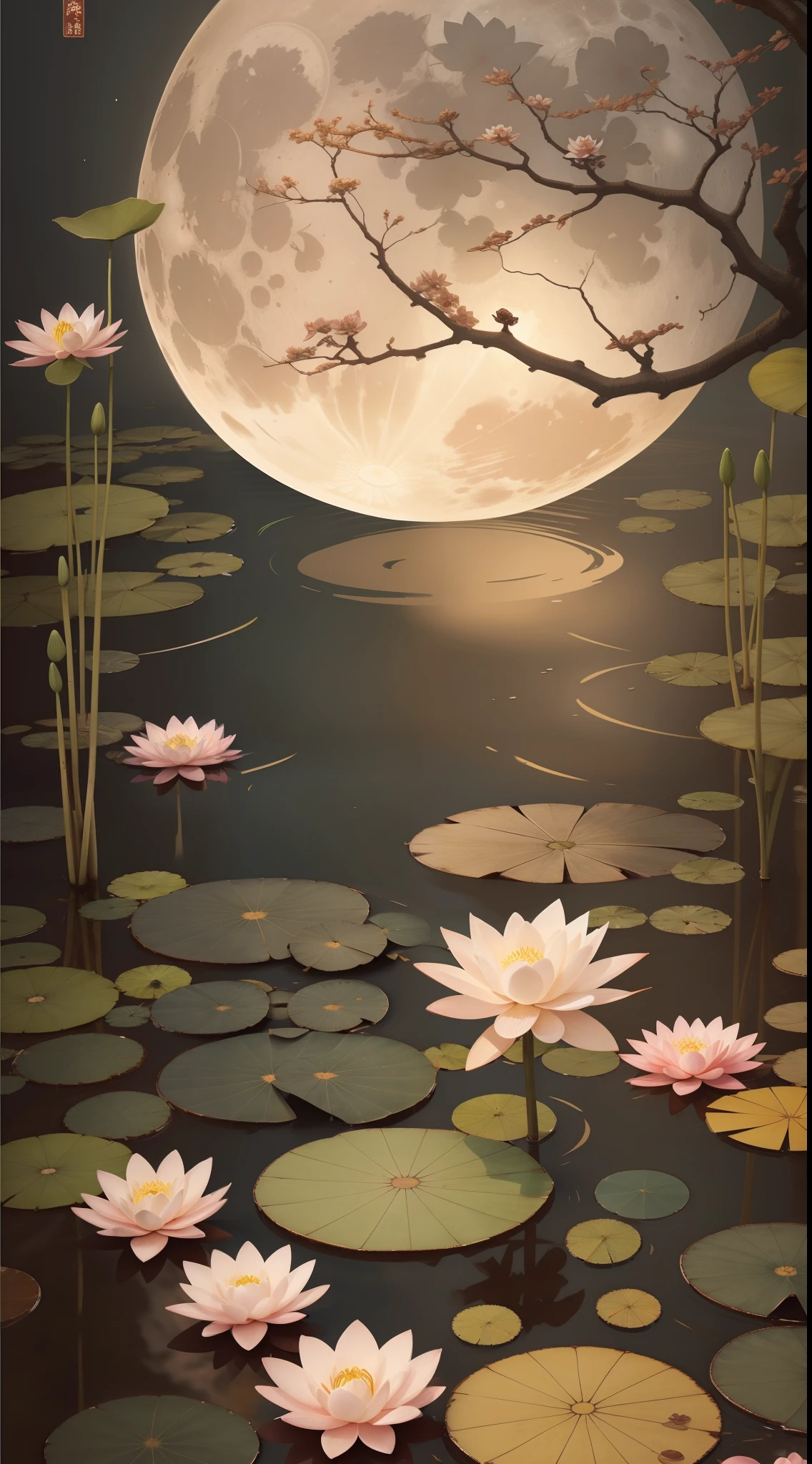 "(Warm Antique Ink 1.2) Dealing with the heat，A warm picture unfolds before your eyes。In the center is a bright moon，It is surrounded by lotus leaves and lotus flowers depicted in ancient ink painting。The whole picture presents a peaceful and harmonious atmosphere，It seems that you can feel the calm and comfort of the summer season。a warm color palette。"