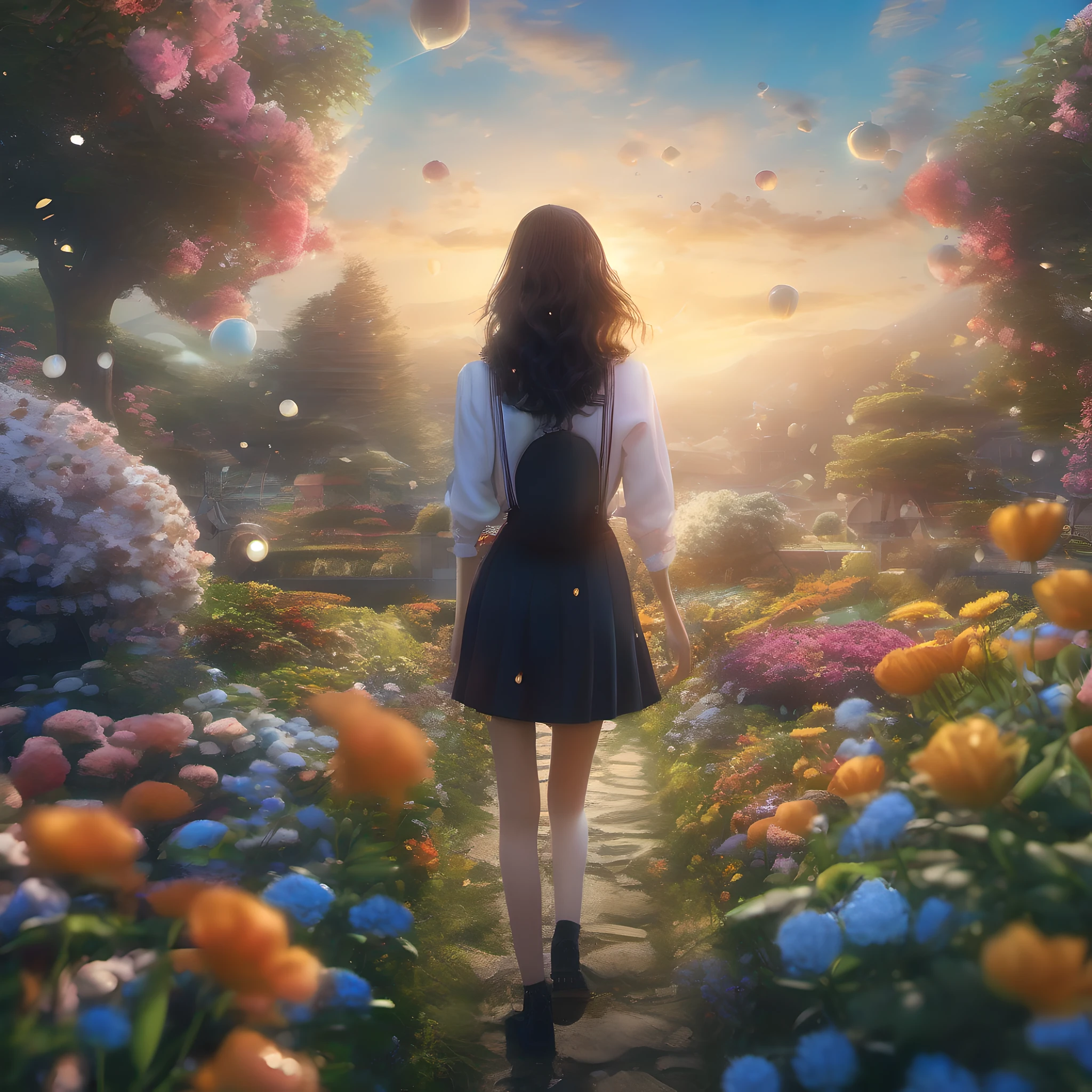 ccurate, best quality, masterpiece, UHD, high details, award winning, (Amazing:2.0), (Surrealism), Conceptual art, Verism, cinematic lighting, floating island in the sky, (((beautiful flower garden))), Horizon, blue sky, paradise scenery, flowers, wind flow, (((fantasy))), frontier, (magnificent space), blurry foreground, bokeh, Hasselblad, lens flare, beautiful school girl, (17 yr old), ((((full body)))), from behind, she moving, without looking at me, (((wearing school uniform))), black eyes, black hair, (floating hair), ((8 life size)), detailed hairstyles, detailed bodyline, anatomically correct, cute face, ((accurately portray her)),