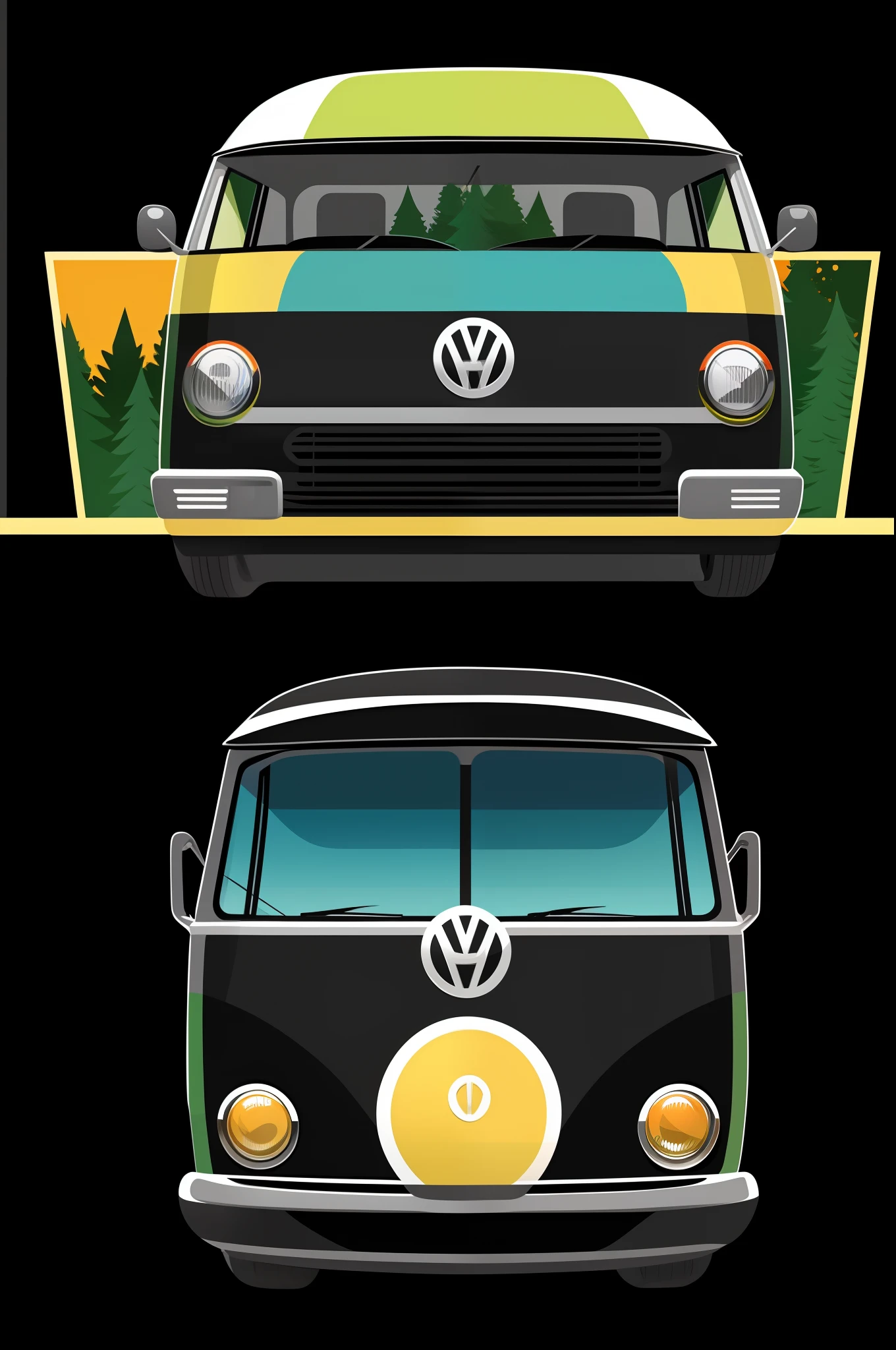 graphic design t-shirt, flat design, colorful tones, clean highly detailed, vector image, professional photography, a several Volkswagen Kombi seen from the side one after the other Repeat patterns, each in its own color, green trees, flat black background, bright vector ((black background)), repeating seamless patterns