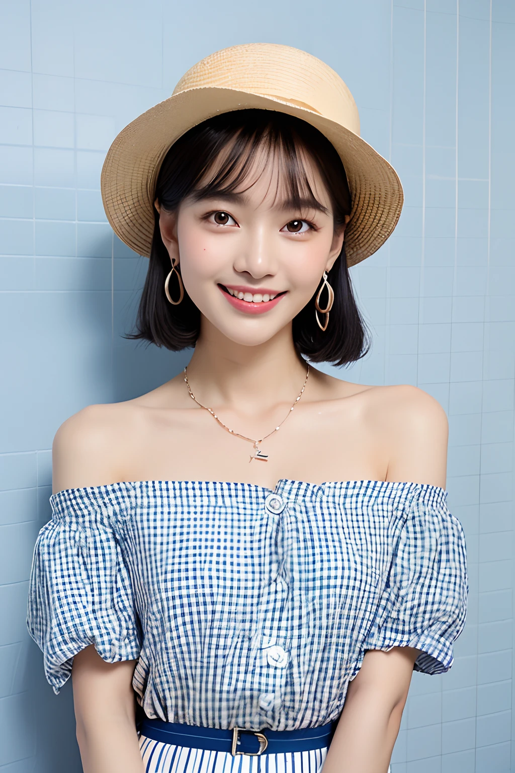 (extra detailed body、extra detailed face、best qualtiy:1.2)、femele、looking at the viewers、(White shortcuts、Shoulder-length ring earrings、a necklace、kindly smile、Large hat with checkerboard pattern、Checkered clothes with open chest、)、(Light blue wall on background:1.4)