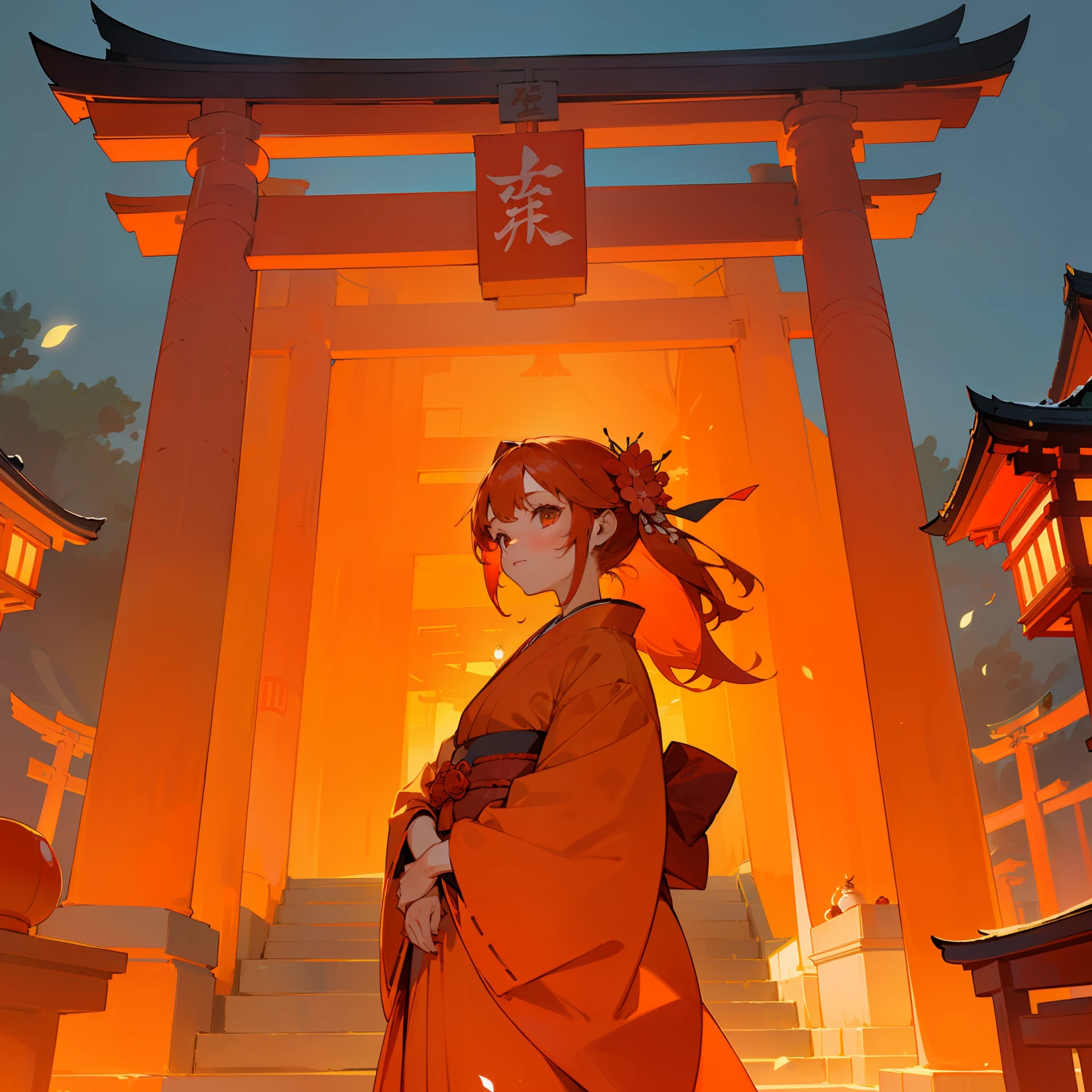 (Beautifully Aesthetic:1.2)、(1girl in:1.3)、(Orange and red colorful hair:1.2)、Wearing orange and red colorful kimono、winter cherry、shrines、natta、torii gate、Mystical、Lantern flowers、