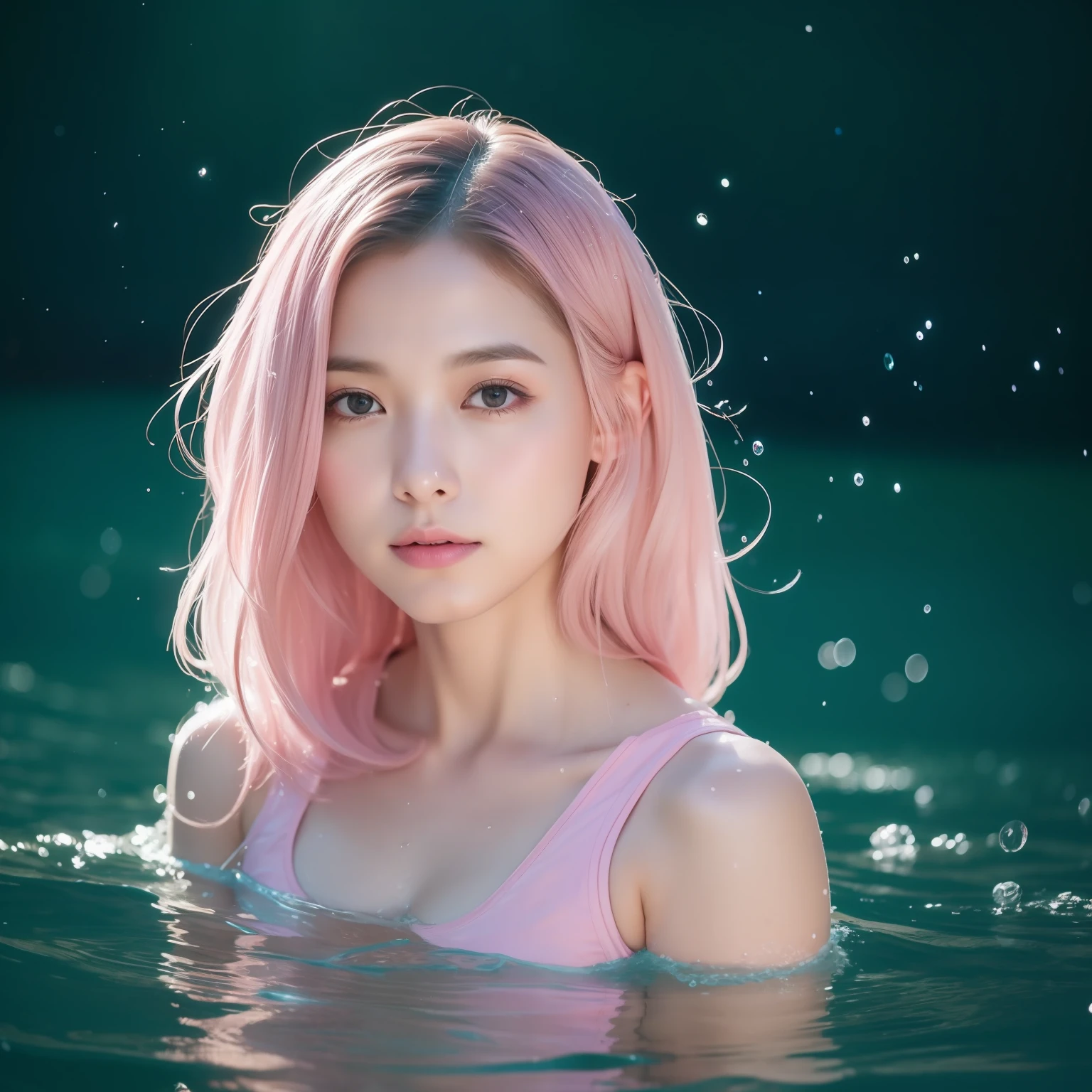 Moe girls have smooth skin,Crystal clear splashes are perfectly reflected,Purple Eye,Floating splashes,Transparent water droplets,Beautiful Glow,best qualtiy,illustratio,tmasterpiece,Best Production,best qualtiy,ighly detailed,extremely details CG,illuminating,adolable,aqua hair,Contour light,dingdall effect,Burn splash clothes,Bare shoulders,depth of fields,Exquisite facial features,Sprout,Crystal Texture Skin,Water particle effect,dream magical,Airborne luminescent particles,burning hair,Water film,Back close-up,Beautiful back,(Viscous water),turn back,full body shot shot,Turn left and look back,tilts head,Full body photo,((in pink))((Pink Water Flowing Clothes))