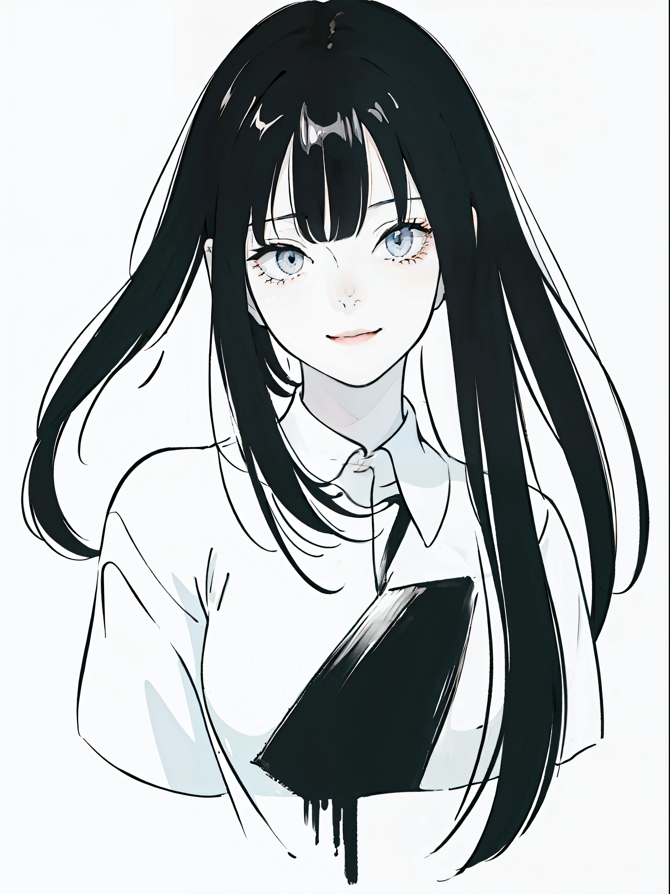 anime girl with long black hair and a white shirt,((black and white portrait)),Black and white picture,Smile,minimalist painting,Simple strokes,messy hair,Messy bangs,Shy,Pure white shirt,Heavy makeup,Headshot,Apply lipstick to your mouth,Side Body