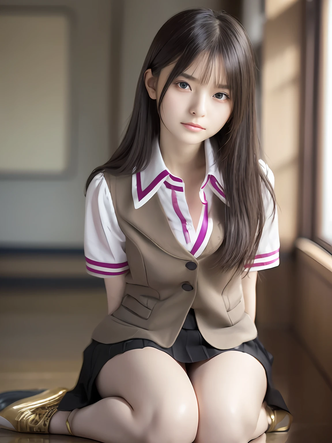 tmasterpiece，top-quality，offcial art，Highly detailed CG Unity 8K wallpapers，female high-school student，Very delicate beautiful，超A high resolution，（realisticlying：1.4），Golden Hour Lighting，（full body Esbian），in class room，（Platinum Shorthair：0.8），（Pretty eyes），looking at viewert，Facing Front，ssmile，JK Skirt，Petite bust，high-school uniform，The shirt boosts long black hair，（chiayi：1.5）， closeup cleavage， tmasterpiece， best qualtiy， RAW photogr， realisticlying， faces， incredibly absurd res， depth of fields， hight resolution， ultra - detailed， finedetail， Very detailed， extremely detailed eye and face， Sharp pupils， pupil realistic， tack sharp focus， cinmatic lighting