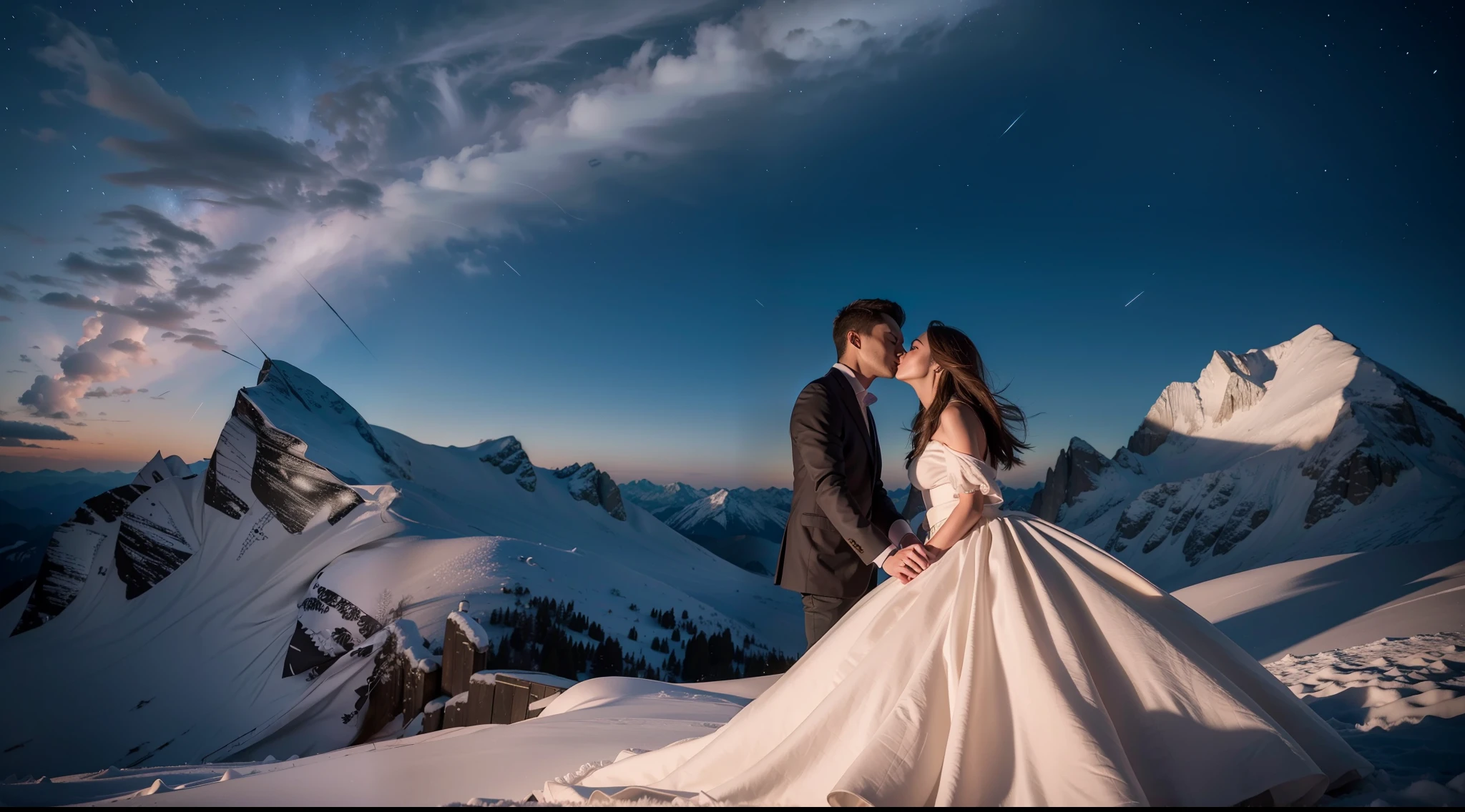 Detailed description，Depiction of demeanor，Detail portrayal，DSLR close-up，Romantic couple kissing in the wind，Alpine peak，the night，darkly，Galaxy time-lapse