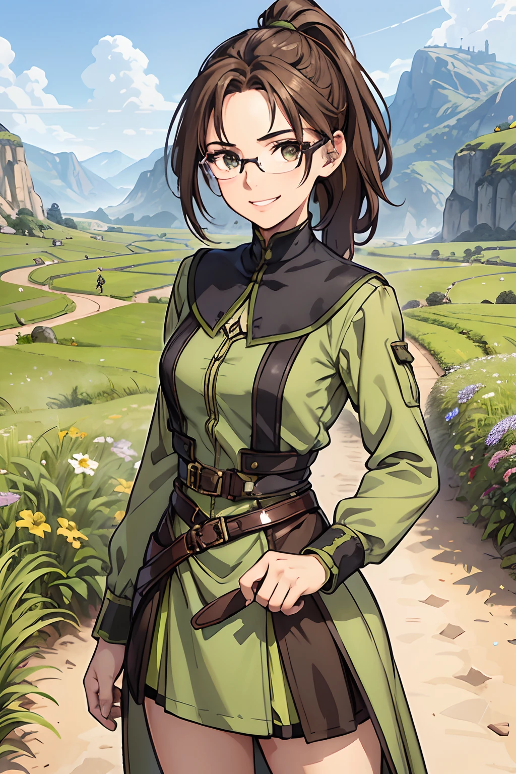Adventurers Uniform, lime green and brown clothing, young adult, 19 years, European face structure, German face structure, striking brown eyes, beautiful eyes, glasses, black glasses, brown hair, ponytail hair, smile, mid-sized chest, masterpiece, fields background, dirt path background, adventurer world