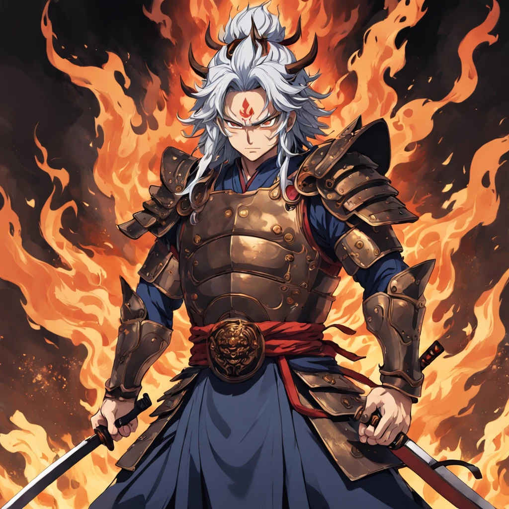 I want to draw Fudo Meioh, Ming King of Esoteric Buddhism, With a touch like an old samurai。surrounded by flames、Flames covered mainly with human parts。Armoured pockets、He holds a sharp sword in both hands。