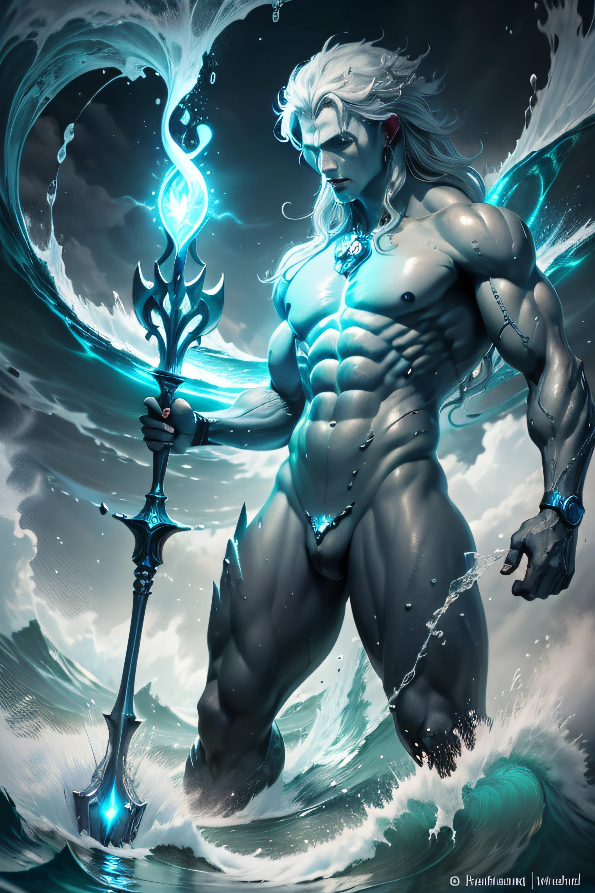 4k realism, (water element, humanoid body made of water: 1.2) sapphire aesthetic, full body, sky background, fantasy art, made of water, body of water, monster, male, male element, masculine, double exposure of otherworldly seascape, fused with the image of Neptune's trident piercing the surface of the water, creating dramatic energy and waves, palatial figures of gods towering in the background, evoking a sense of power and control over the power of the sea, illustrations, digital art