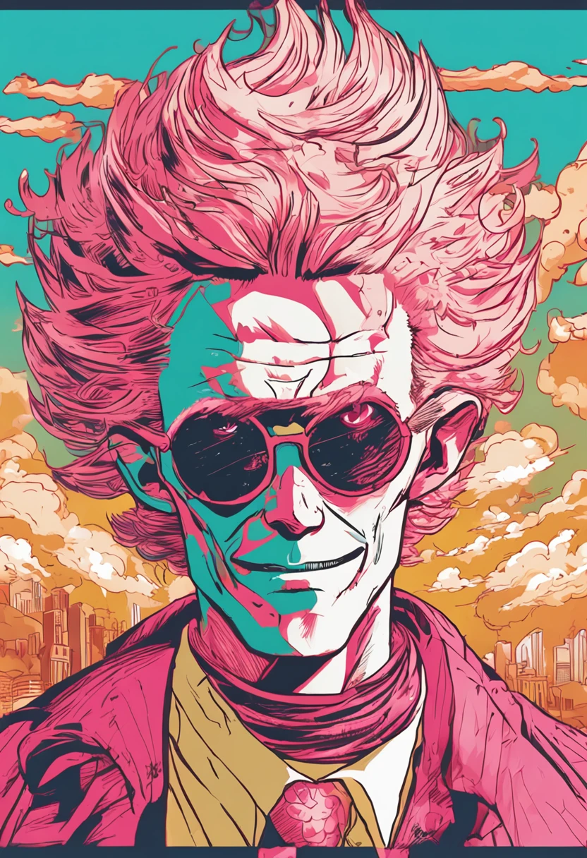 Draw a young Doflamingo in One Piece,golden hair,Big red sunglasses,中景 the scene is,Biased towards the style of Hayashida Ball,Alien Beast Demon Capital,k hd,Particularly detailed facial depiction,The setting is on the sea