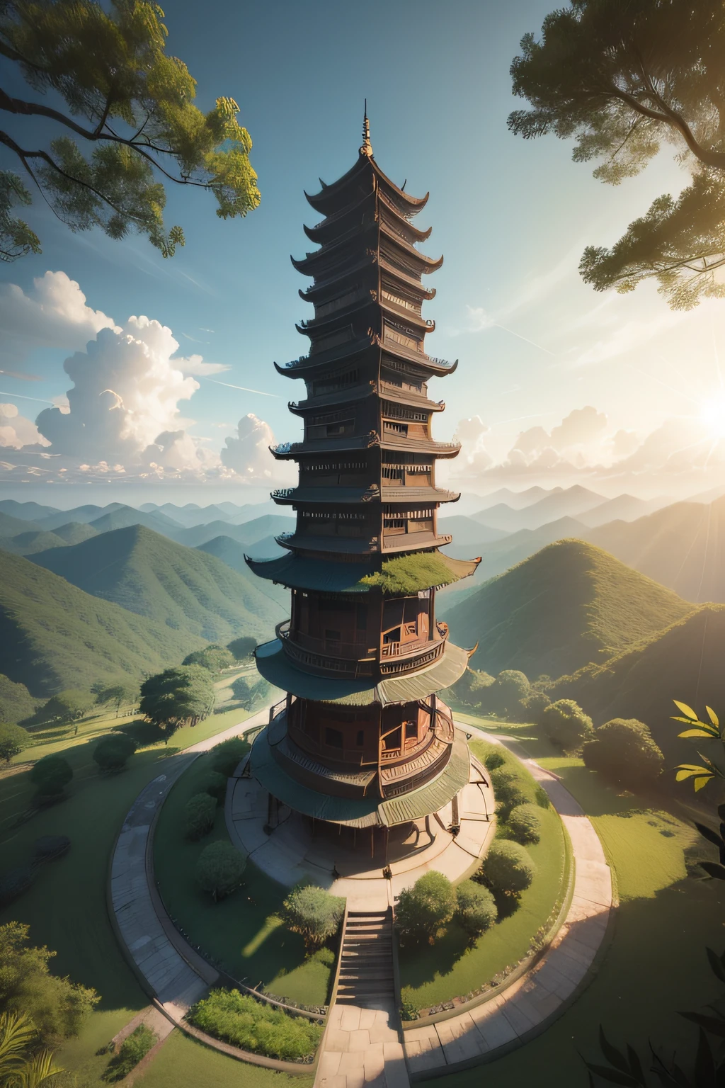 The ancient building tower in the center of the picture,Surrounded by bamboo forests,Sunlight shines on the bamboo forest from above,HD8K。