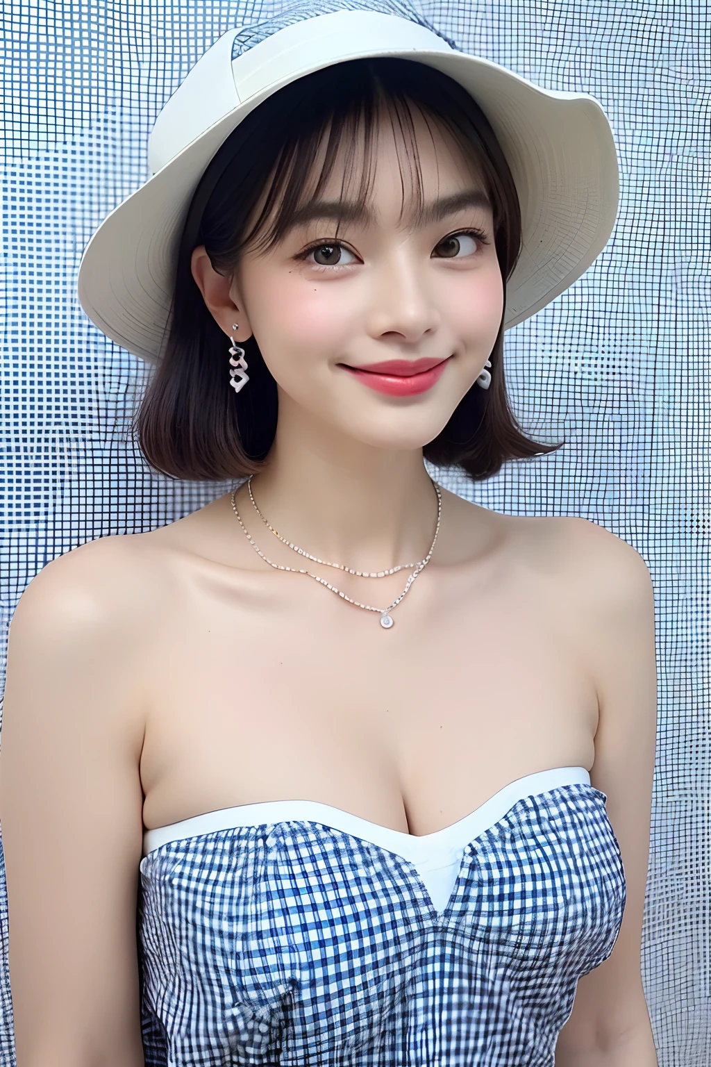(extra detailed body、extra detailed face、best qualtiy:1.2)、femele、(White shortcuts、Shoulder-length ring earrings、a necklace、kindly smile、Large hat with checkerboard pattern、Checkered clothes with open chest、)、(Bright blue wall on background:1.4)