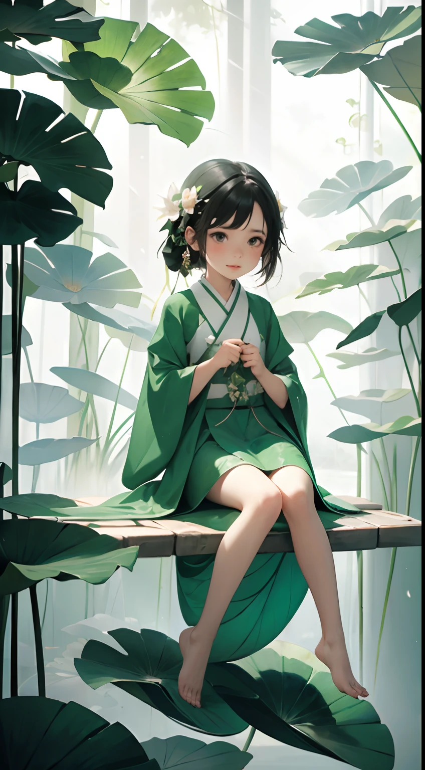 A pod full of lotus flowers, a little girl happily sitting on the lotus leaves of the pod, huge lotus leaves, barefoot, dressed in white and green hanfu, light and shadow, a masterpiece