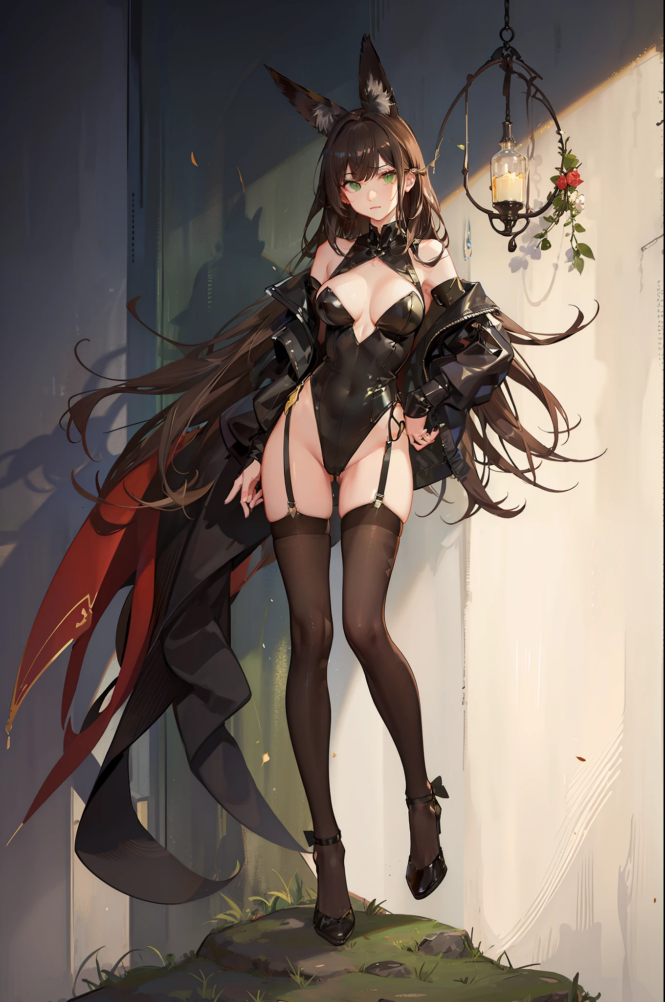 one woman, fox ears, fox tail, bunny suit, brown hair, green eyes, leotard, latex, leather, sexy, masterpiece, good hands, good fingers, good legs, good feet, good eyes, long hair,