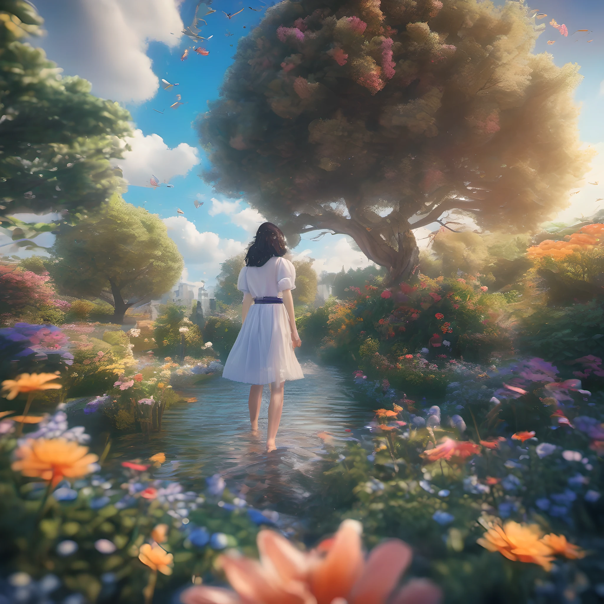 ccurate, best quality, masterpiece, UHD, high details, award winning, (Amazing:2.0), (Surrealism), Conceptual art, Verism, cinematic lighting, floating island in the sky, (((beautiful flower garden))), Horizon, blue sky, paradise scenery, flowers, wind flow, (((fantasy))), frontier, (magnificent space), blurry foreground, bokeh, Hasselblad, lens flare, beautiful school girl, (r old)(((full body)))), from behind, she moving, without looking at me, (((wearing school uniform))), black eyes, black hair, (floating hair), ((8 life size)), detailed hairstyles, detailed bodyline, anatomically correct, cute face, ((accurately portray her)),