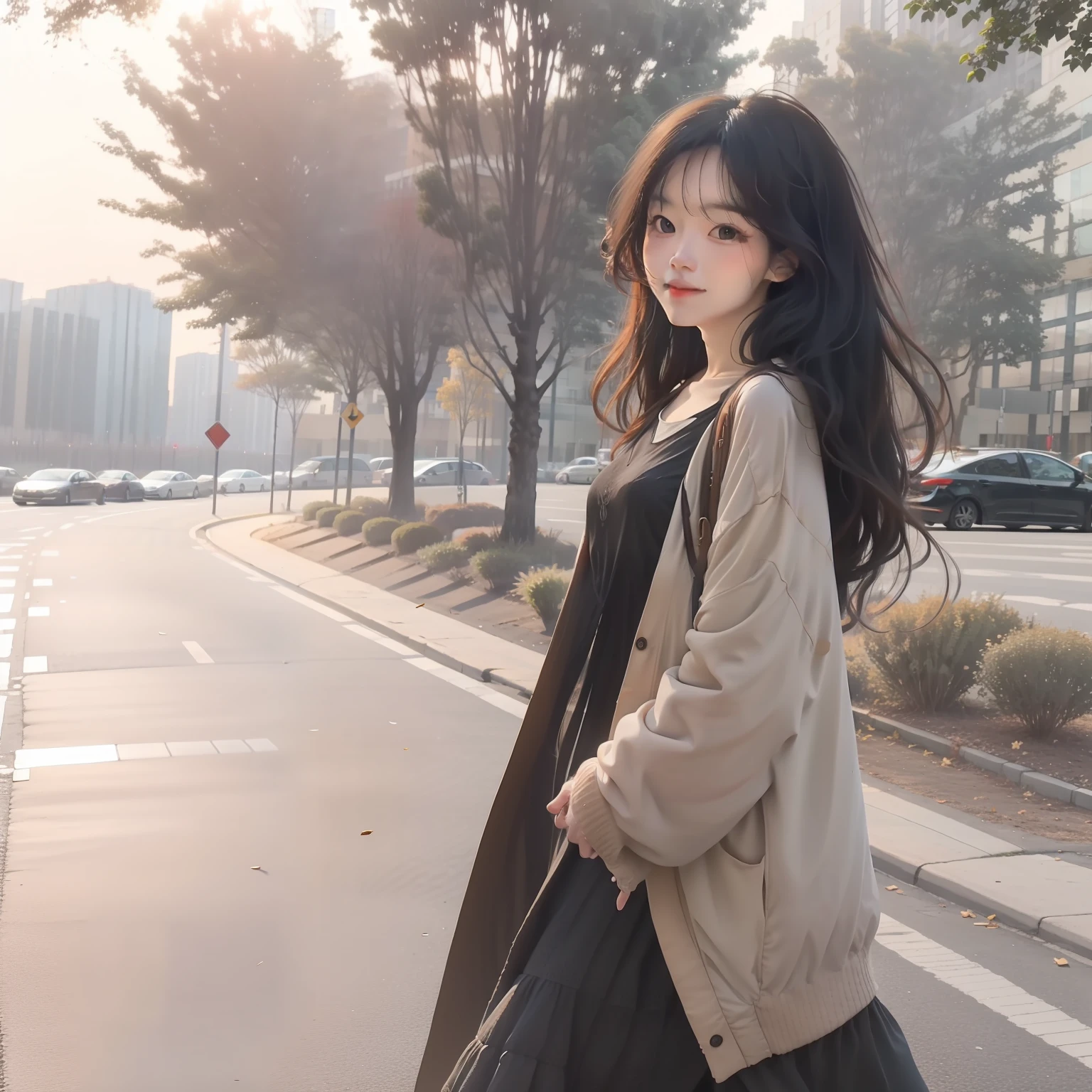 Walk on the park path,Normal outfits for real life,Long black hair fluttered in the wind,sunshine on face