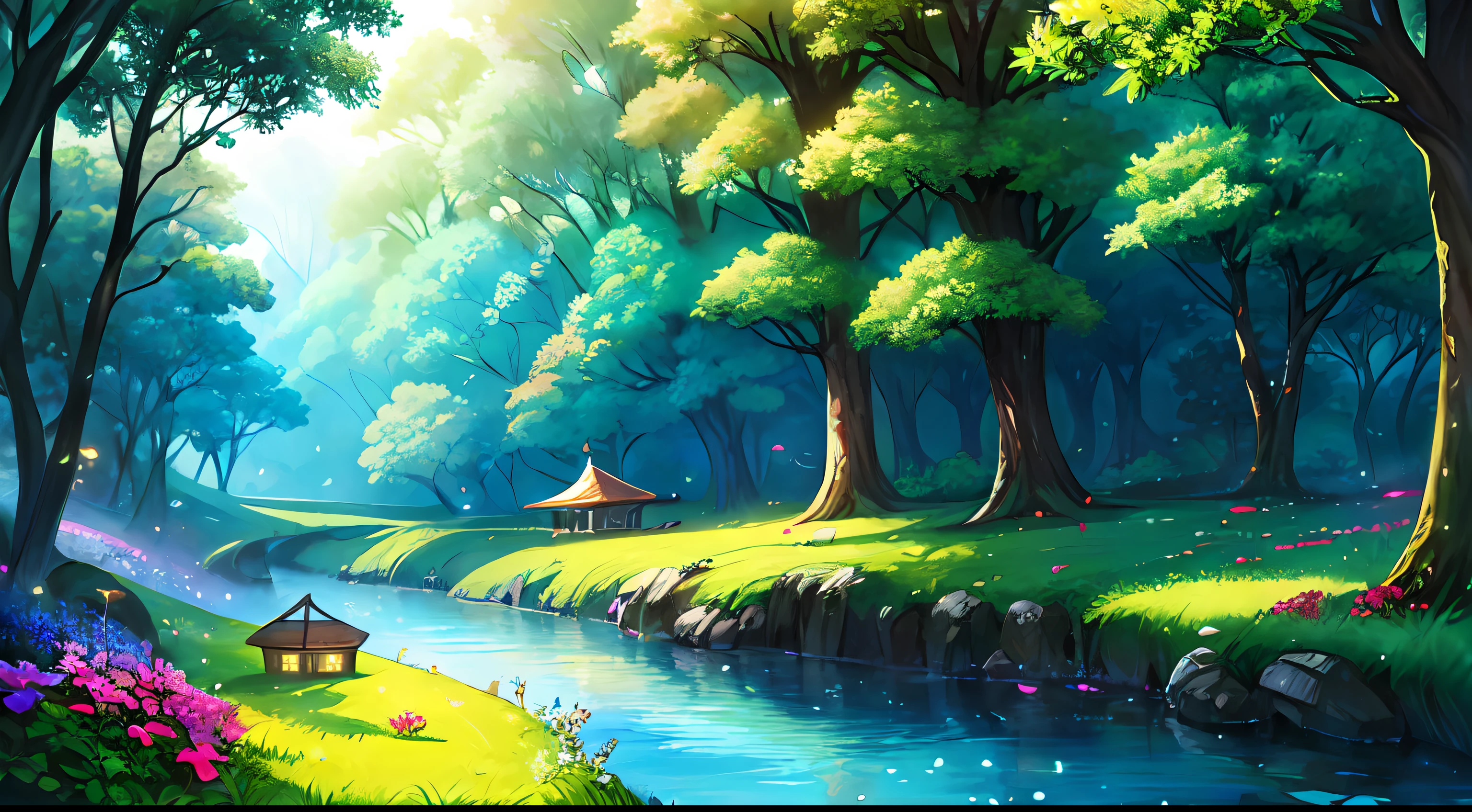 Illustration design for banner, cover art, cover art for art page, wonderland, fantasy land, mysterious forest, flowers, insects, trees, Grass, brushes, colorful, magical land, Dark forestRecife, a Small river, beautiful land,