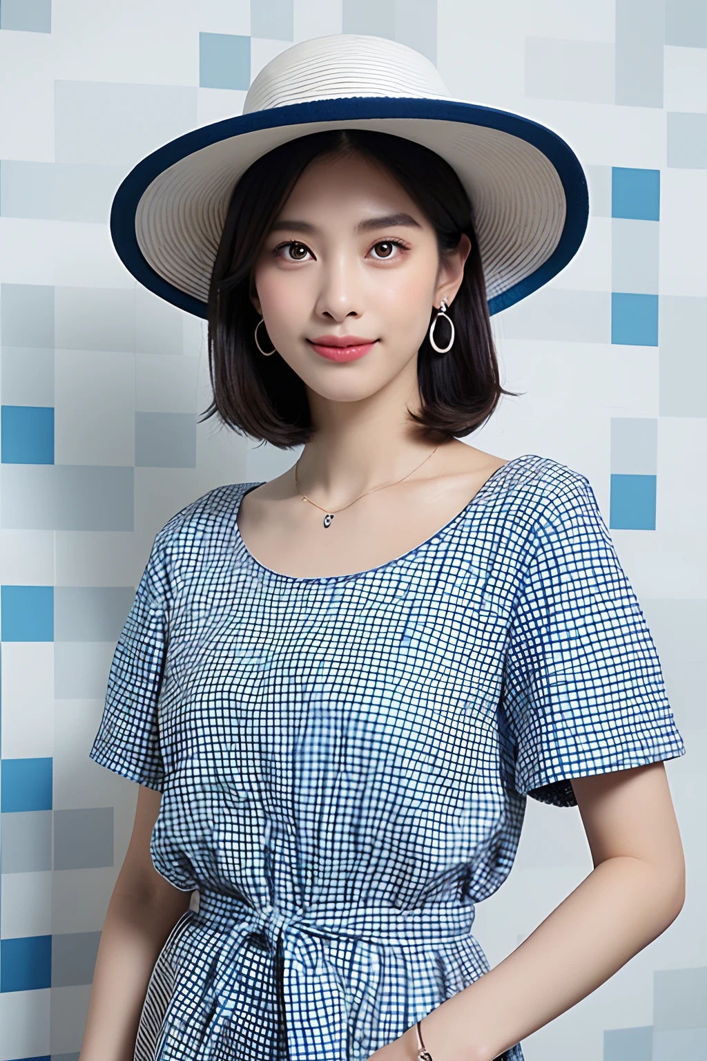 (extra detailed body、extra detailed face、best qualtiy:1.2)、femele、(White shortcuts、Shoulder-length ring earrings、a necklace、kindly smile、Large hat with checkerboard pattern、Checkered clothes with open chest、)、(Bright blue wall on background:1.4)