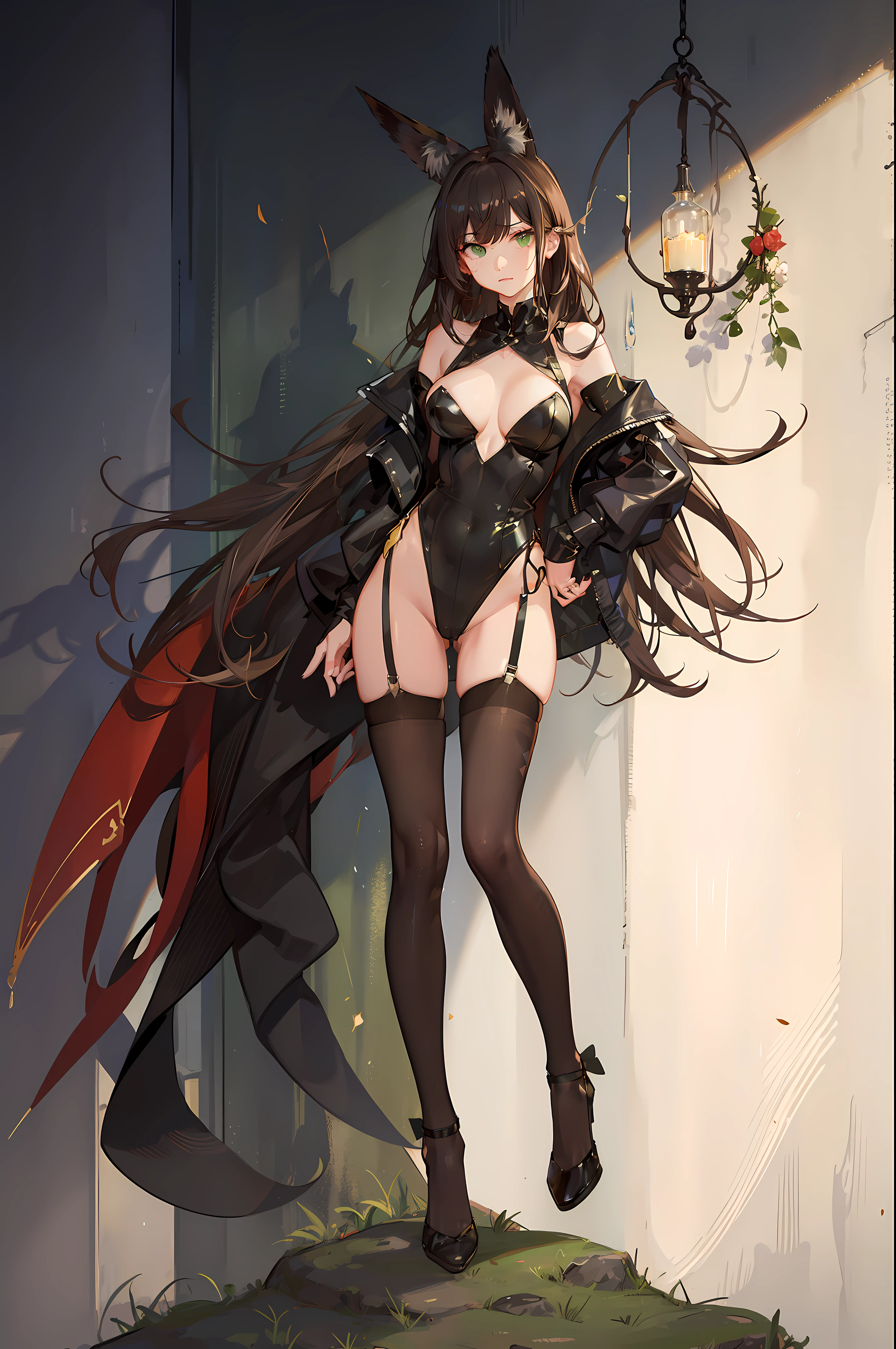 one woman, fox ears, fox tail, bunny suit, brown hair, green eyes, leotard, latex, leather, sexy, masterpiece, good hands, good fingers, good legs, good feet, good eyes, long hair,