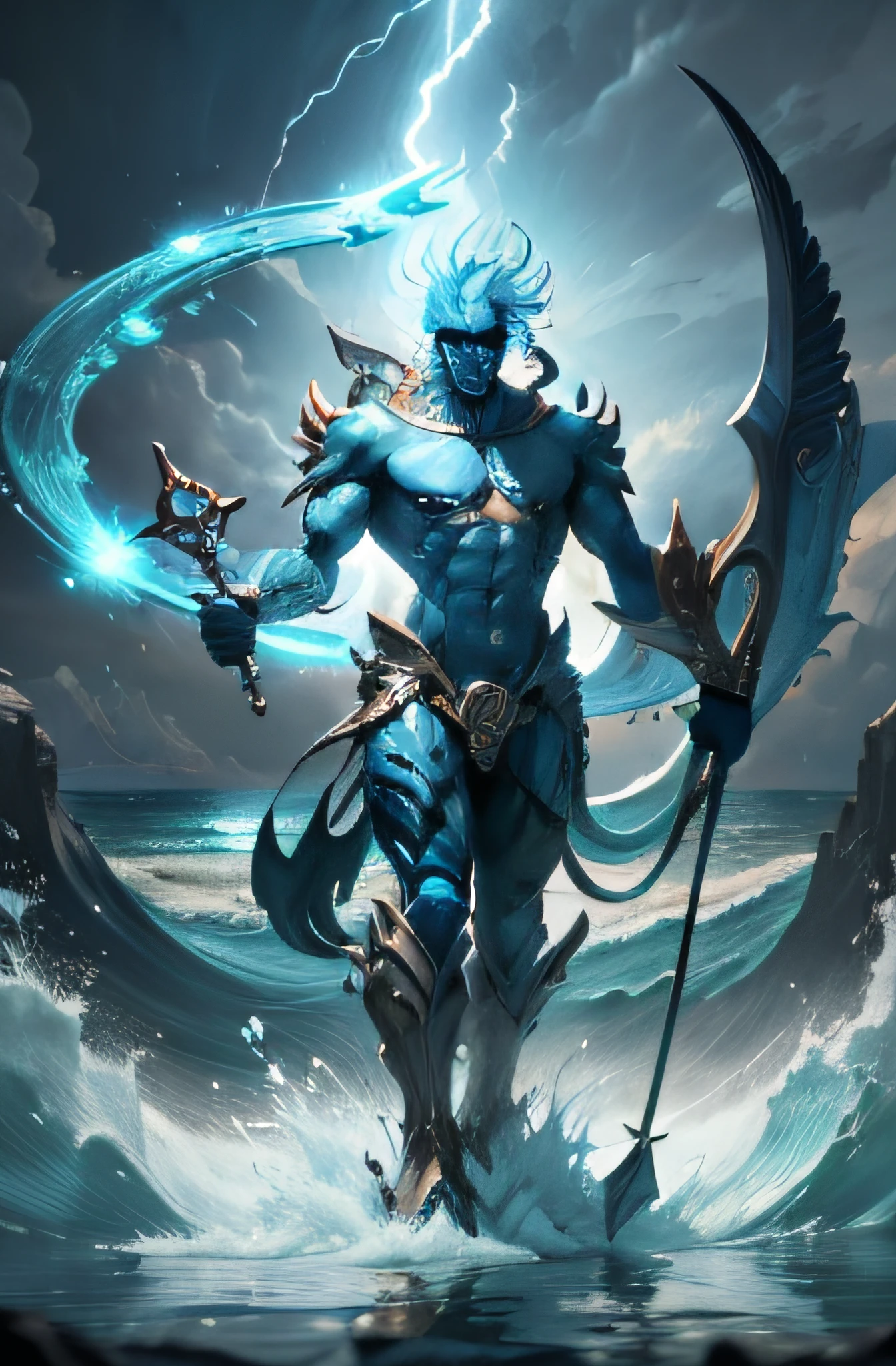 4k realism, (water element, humanoid body made of water: 1.2) sapphire aesthetic, full body, sky background, fantasy art, made of water, body of water, monster, male, male element, masculine, double exposure of otherworldly seascape, fused with the image of Neptune's trident piercing the surface of the water, creating dramatic energy and waves, palatial figures of gods towering in the background, evoking a sense of power and control over the power of the sea, illustrations, digital art