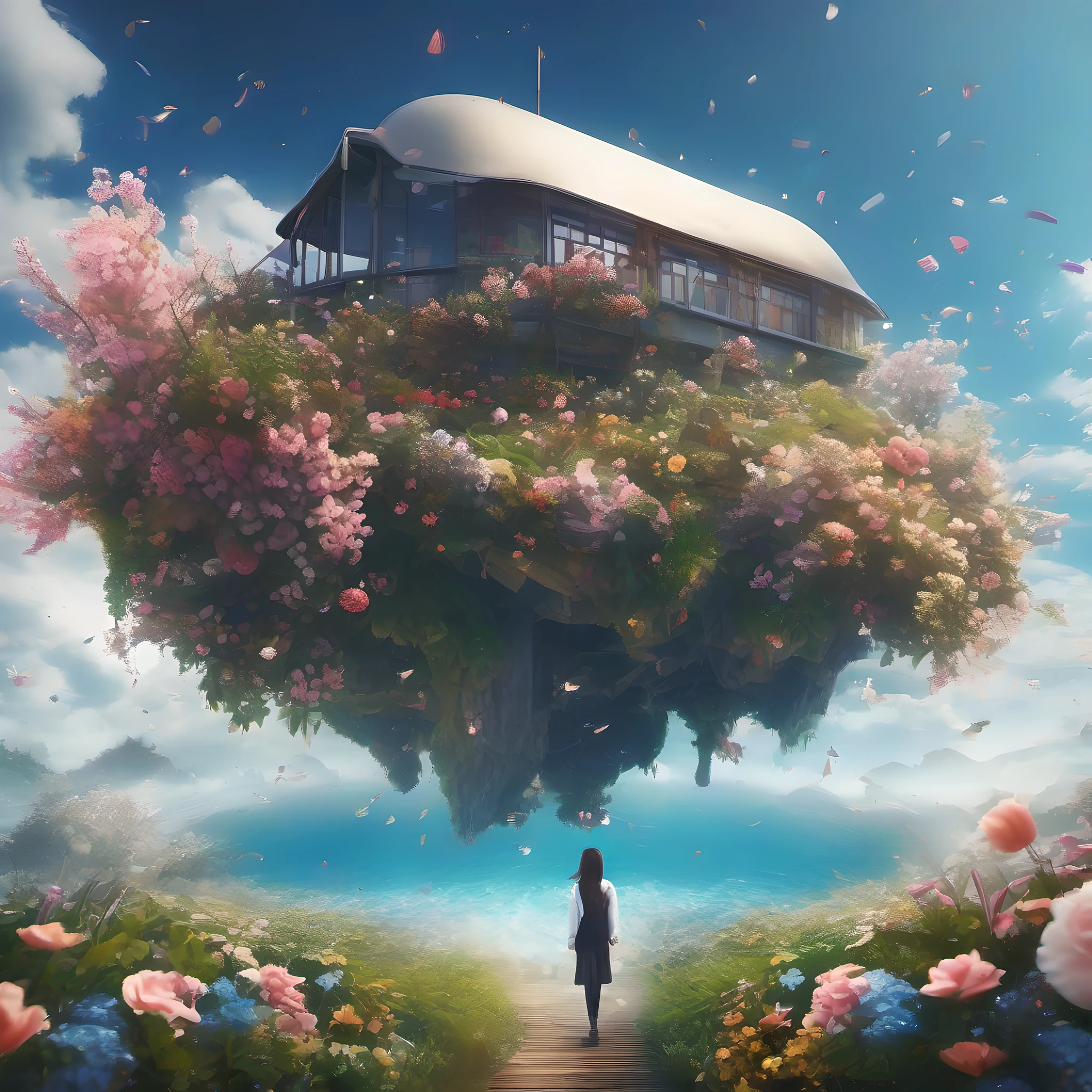 ccurate, best quality, masterpiece, UHD, high details, award winning, (Amazing:2.0), (Surrealism), Conceptual art, Verism, cinematic lighting, floating island in the sky, (((beautiful flower garden))), Horizon, blue sky, paradise scenery, flowers, wind flow, (((fantasy))), frontier, (magnificent space), blurry foreground, bokeh, Hasselblad, lens flare, beautiful school girl, (17 yr old), ((((full body)))), from behind, she moving, without looking at me, (((wearing school uniform))), black eyes, black hair, (floating hair), ((8 life size)), detailed hairstyles, detailed bodyline, anatomically correct, cute face, ((accurately portray her)),