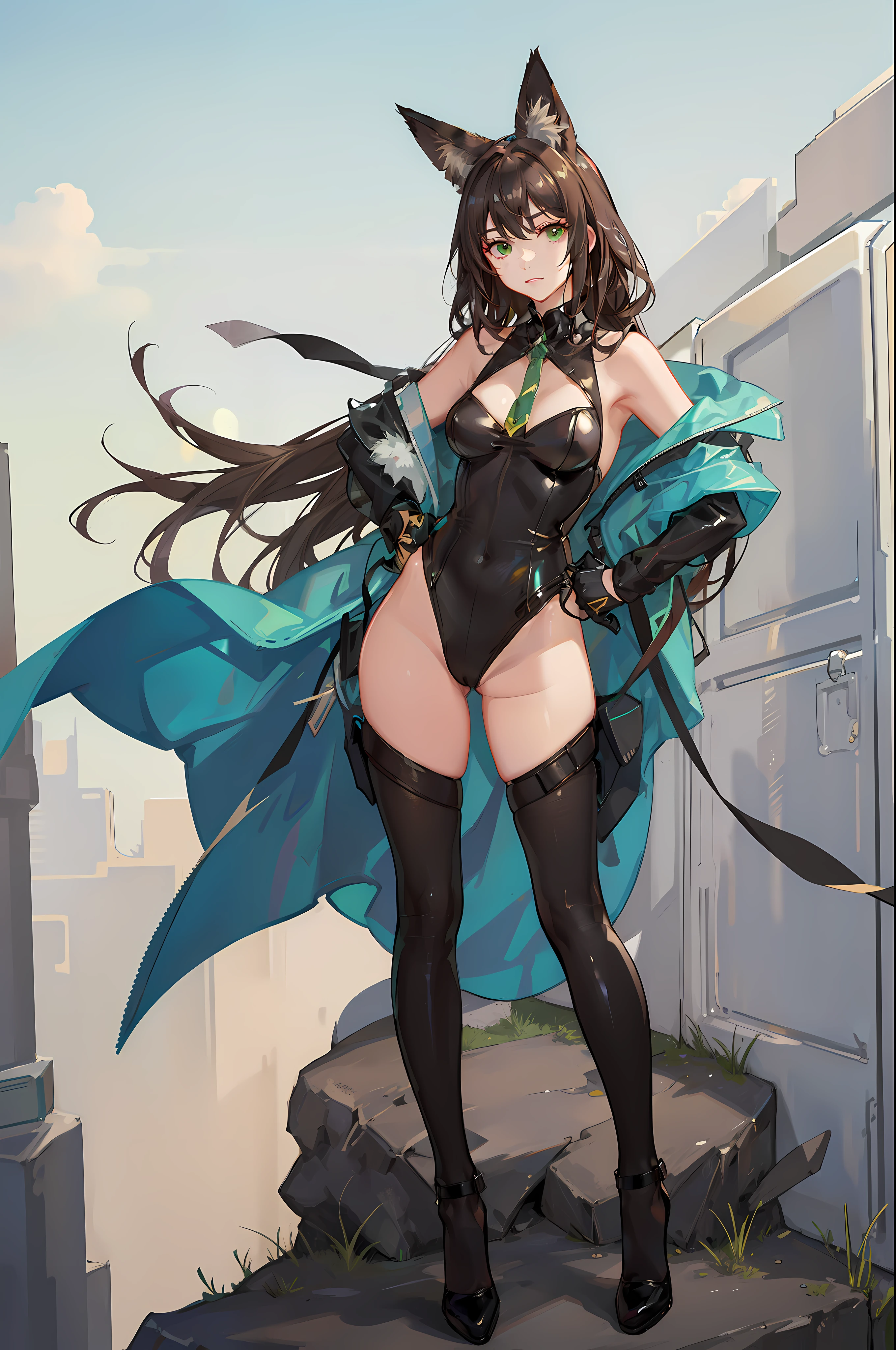 one woman, fox ears, fox tail, bunny suit, brown hair, green eyes, leotard, latex, leather, sexy, masterpiece, good hands, good fingers, good legs, good feet, good eyes, long hair,