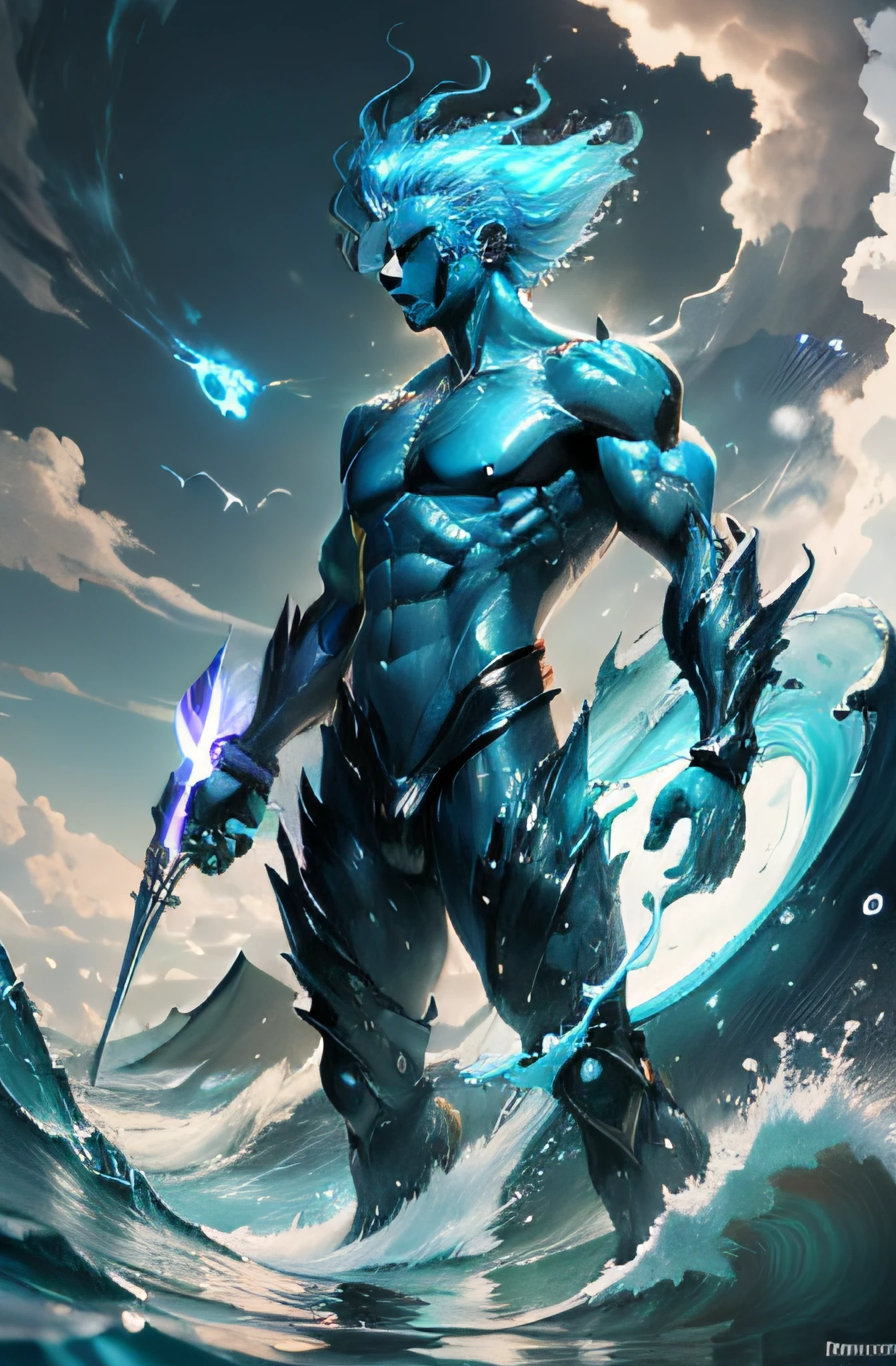 4k realism, (water element, humanoid body made of water: 1.2) sapphire aesthetic, full body, sky background, fantasy art, made of water, body of water, monster, male, male element, masculine, double exposure of otherworldly seascape, fused with the image of Neptune's trident piercing the surface of the water, creating dramatic energy and waves, palatial figures of gods towering in the background, evoking a sense of power and control over the power of the sea, illustrations, digital art