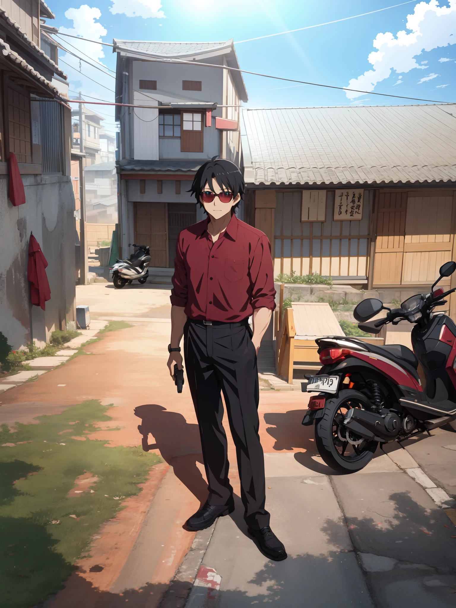 there is a man standing in front of a building with a scooter, wearing black sun glasses, wearing maroon shirt, red maroon shirt, standing in a township street, in front of the house, in front of a temple, standing outside a house, with village, HD anime pict, black hair, picture by makoto shinkai art, Kyoto animation studio, same hairstyle, trending on cg society, conceptual art, high quality anime movie still, ultra HD 4k, fine detail, as per image, outdoor, pefect hand, anime style eyes.