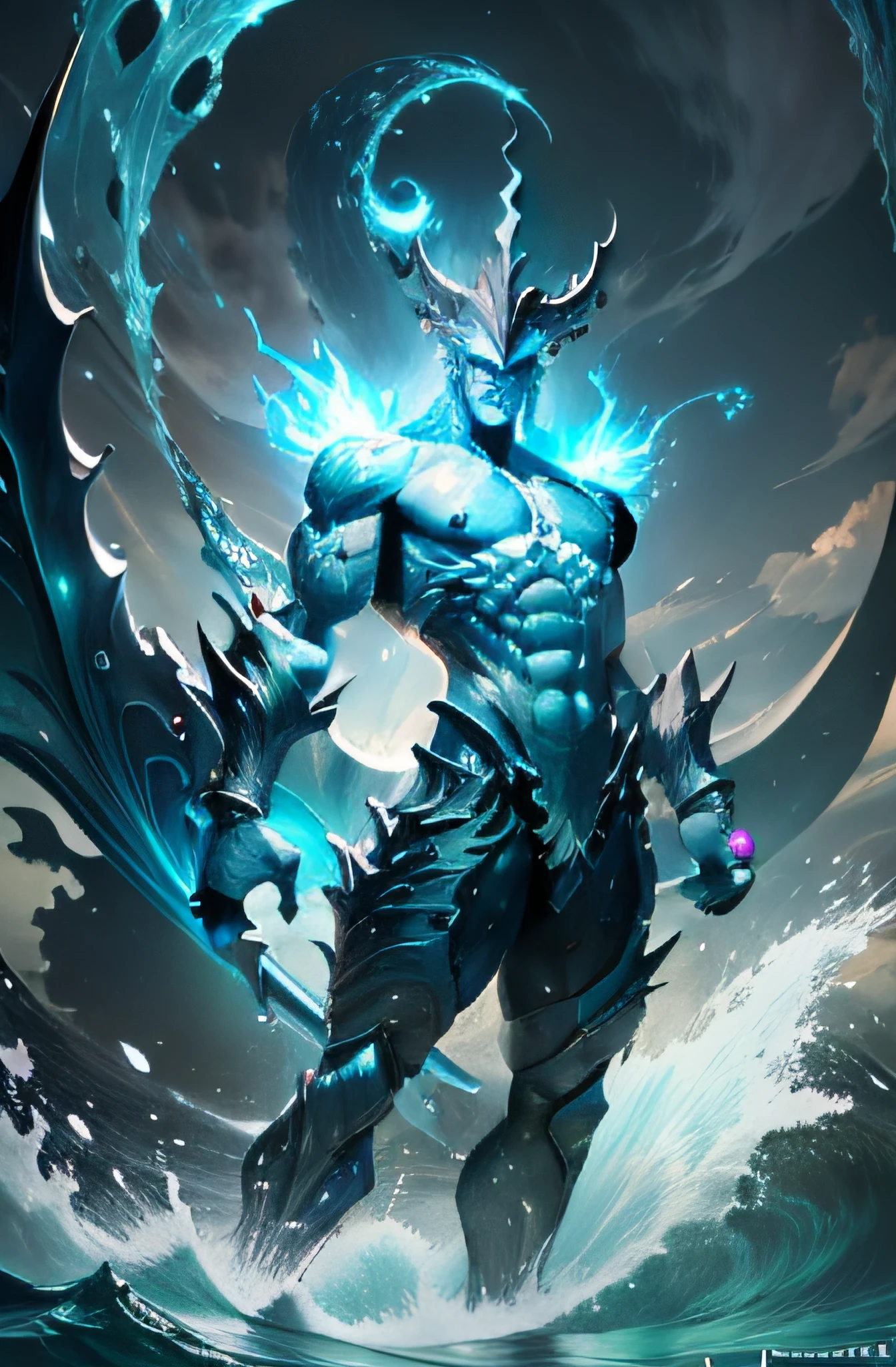 4k realism, (water element, humanoid body made of water: 1.2) sapphire aesthetic, full body, sky background, fantasy art, made of water, body of water, monster, male, male element, masculine, double exposure of otherworldly seascape, fused with the image of Neptune's trident piercing the surface of the water, creating dramatic energy and waves, palatial figures of gods towering in the background, evoking a sense of power and control over the power of the sea, illustrations, digital art