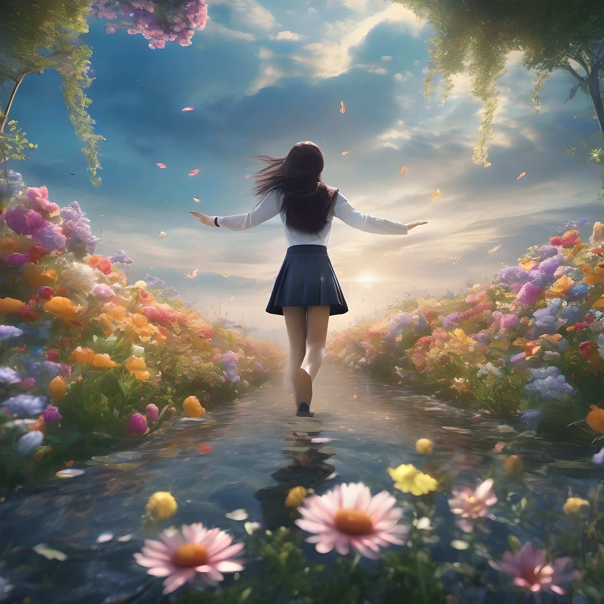 ccurate, best quality, masterpiece, UHD, high details, award winning, (Amazing:2.0), (Surrealism), Conceptual art, Verism, cinematic lighting, floating island in the sky, (((beautiful flower garden))), Horizon, blue sky, paradise scenery, flowers, wind flow, (((fantasy))), frontier, (magnificent space), blurry foreground, bokeh, Hasselblad, lens flare, beautiful school girl, (17 yr old), ((((full body)))), from behind, she moving, without looking at me, (((wearing school uniform))), black eyes, black hair, (floating hair), ((8 life size)), detailed hairstyles, detailed bodyline, anatomically correct, cute face, ((accurately portray her)),
