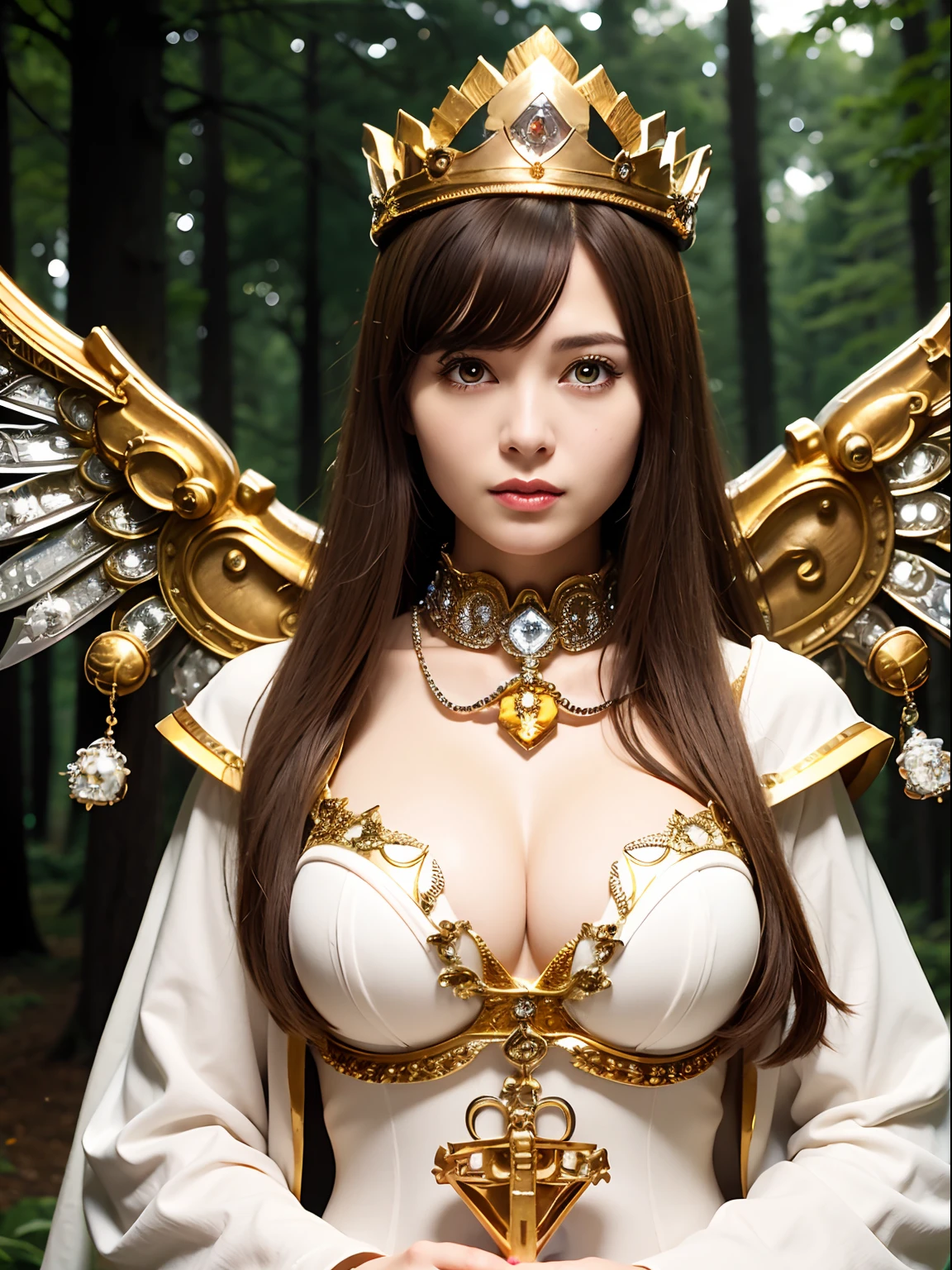 (masutepiece), Professional , ​masterpiece、top-quality、photos realistic , depth of fields 、（Wind element），tornado，Lightning，（Gemstone Silver Metal Body:1.９),(Matte White、(Gangle's forest background),（Brown hair long straight）、Jewel Gold Weapon、（Castle background),Gorgeous metal weapons,(Detailed and realistic angel white wings) , Detailed Sword of the Brave , Beautiful knife 、delicated face、20 years girl  ,warhammer 40k , adepta sororitas,Detail and ornate jewel crown、a blond、(Gangle's forest background)、Beautiful Caucasian beauty、１a person、dynamic ungle,(((Detailed and ornate diamond crown)))、Smaller head、A smile、Powerful poses、Beautiful thin fingers of a woman、cleavage of the breast、