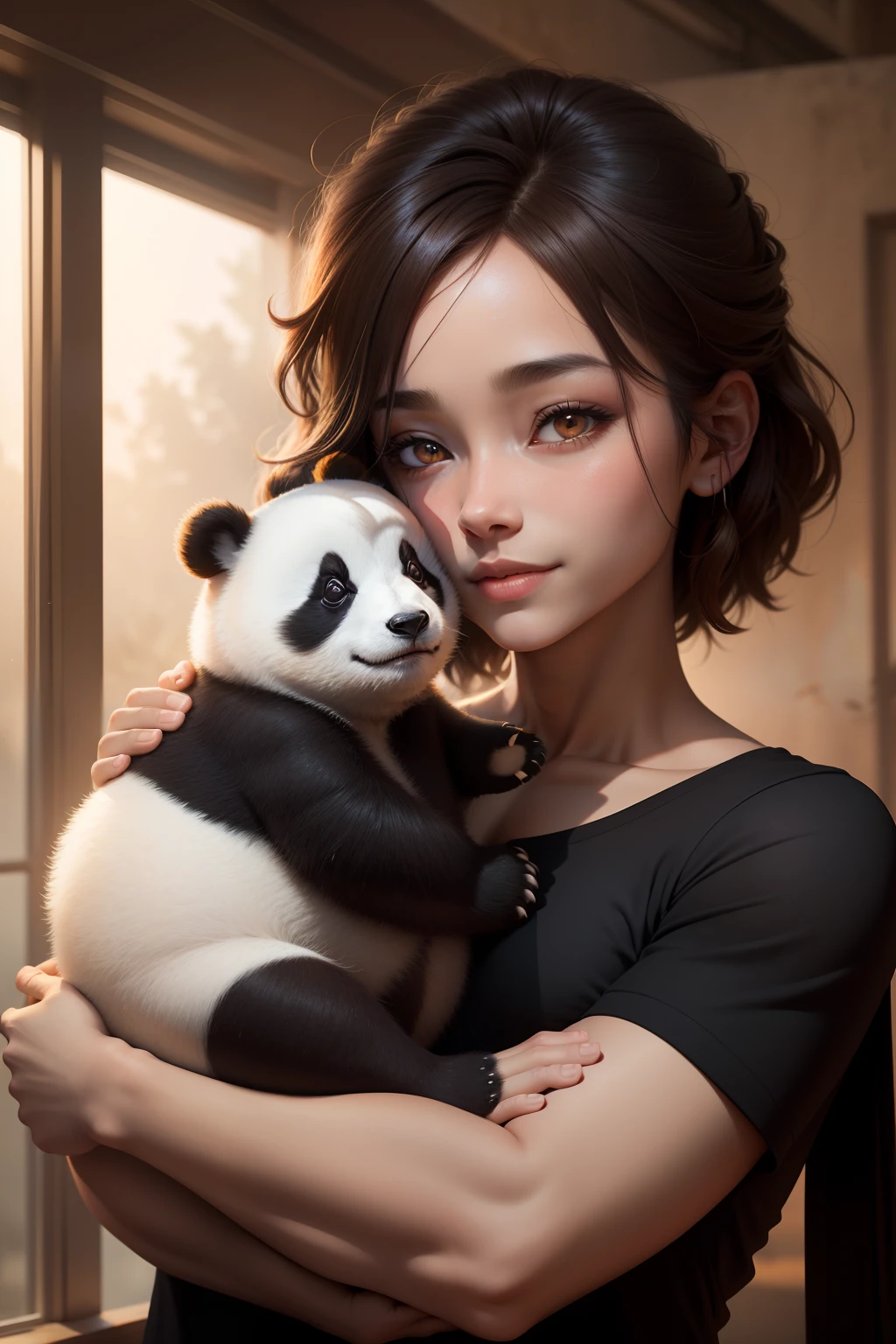 A mini panda lying on his shoulder, Kizi, interaction, the morning sun, Pleasant, tmasterpiece, brown hair, light smile, Surrealism, cinematic lighting, textured skin, anatomically correct, high details
