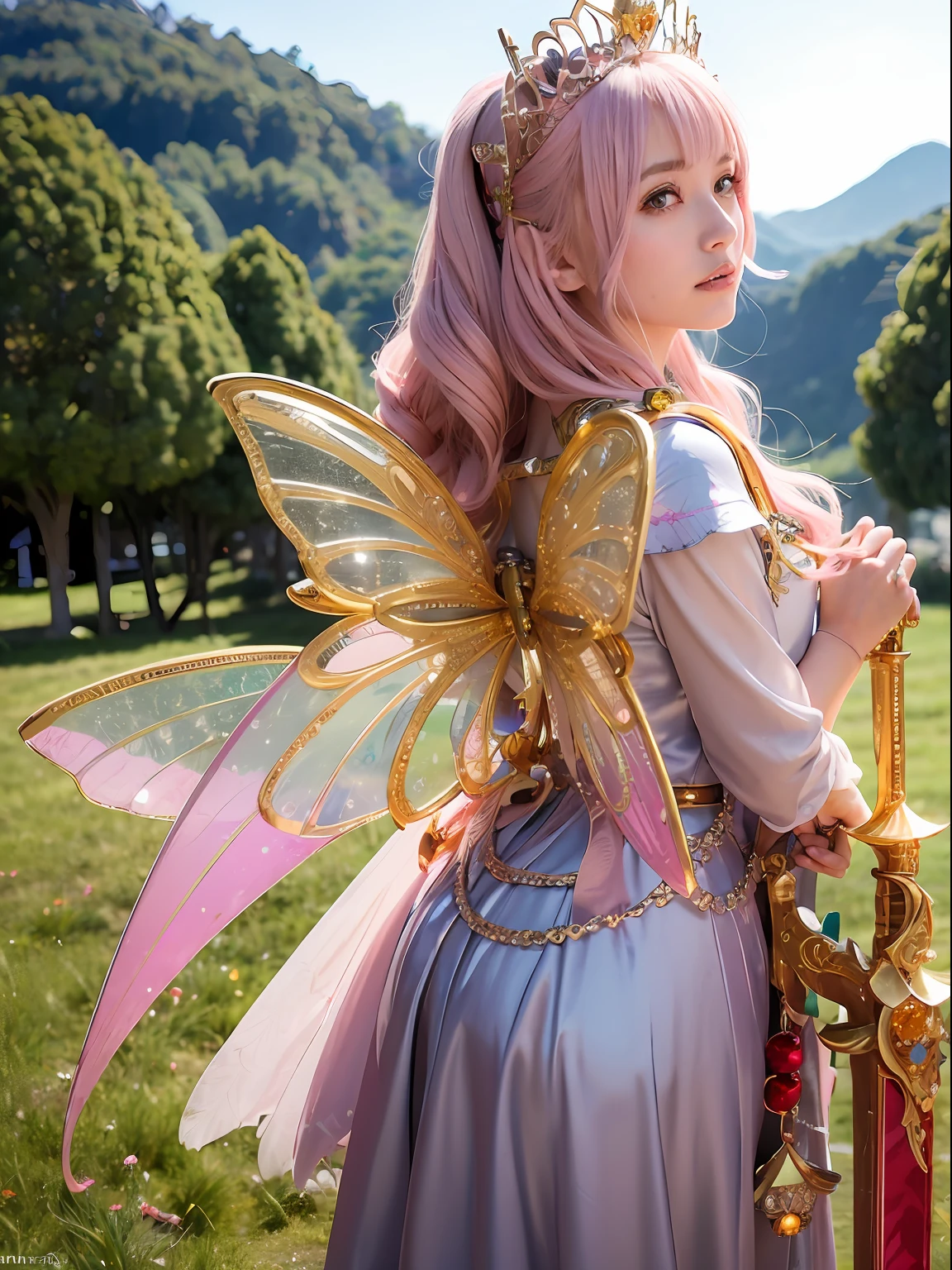 (masutepiece), Professional , masterpiece、top-quality、photos realistic , depth of fields (Gemstone Silver Metal Body:1.9),(Matte Pink、Jewel Gold Weapon、(Gorgeous castle background)、(ultimate beauty girl)、(Iridescent fairy wings grow on the back)、(Jewel Metal Body:1.9),Gorgeous Jewel Metal Weapons , Detailed Sword of the Brave ,( a blond) ,warhammer 40k , adepta sororitas,Detail and ornate jewel crown、独奏、Brown hair、(Gangle's forest background)、Beautiful Caucasian beauty、1a person、dynamic ungle,(((Diamond tiara with detail and luxury)))、a small face、Powerful poses、(Gorgeous castle background)、huge filesize、20 year old beautiful woman、Stand in the center of the screen、Thin female fingers、Straight long hair、Beautiful Caucasian beauty、Valley、Hair fluttering in the wind、
