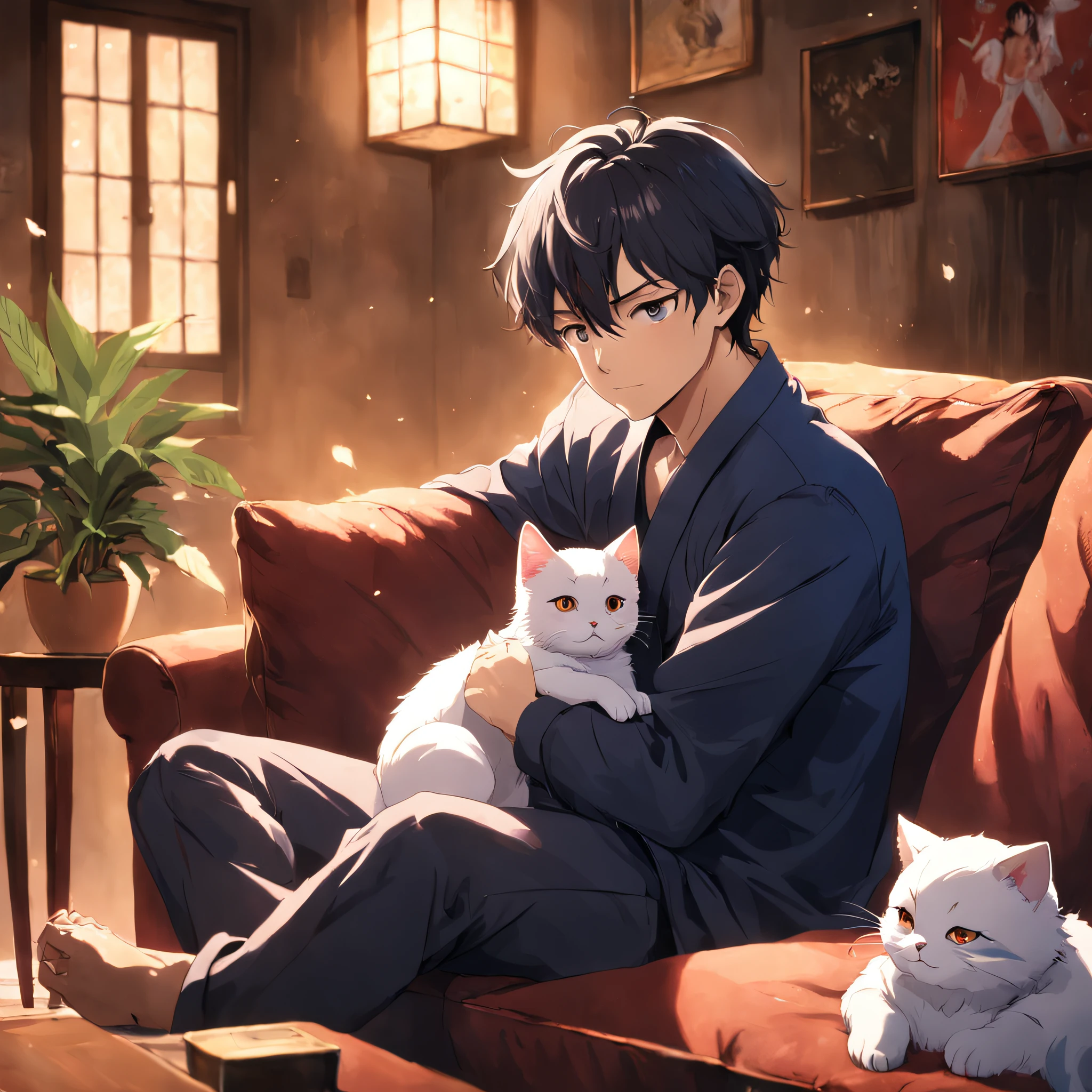 ​masterpiece、top-quality、Movie stills、Man sitting on sofa、male in his 20s、Gentle smiling man、Kitten on his lap、Little cat curled up on his lap、Bokeh background