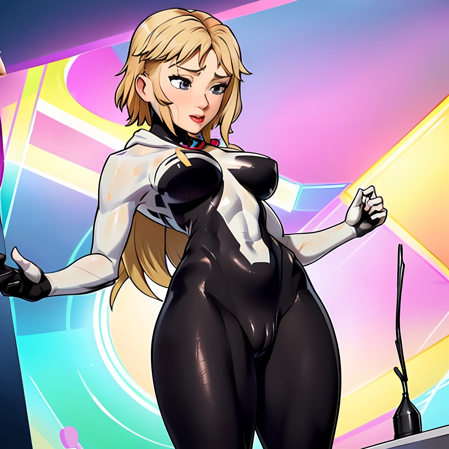 The blonde girl's wet cloak outlined her genitals through a black tights, Usually visible,Because her clothes were wet with sweat. This can be an attractive look,Because it highlights her femininity,And often let people know her figure,(camel-toe, Vulvar shape:1.2)