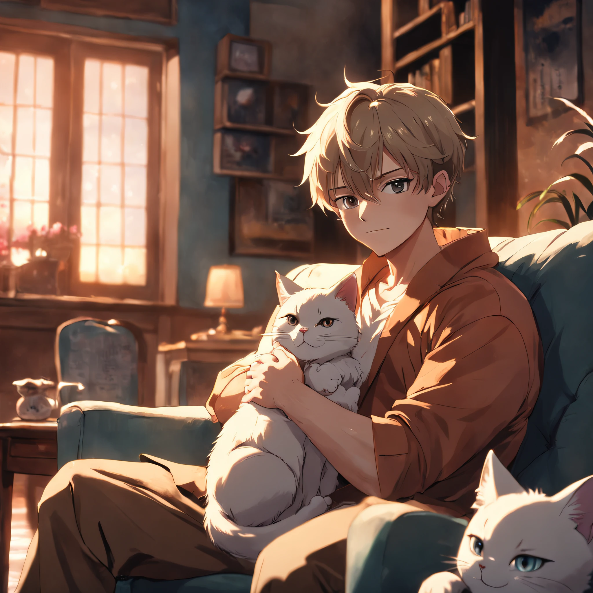 masterpiece、top-quality、Movie stills、Man sitting on sofa、male in his 20s、Gentle smiling man、Kitten on his lap、Little cat curled up on his lap、Bokeh background