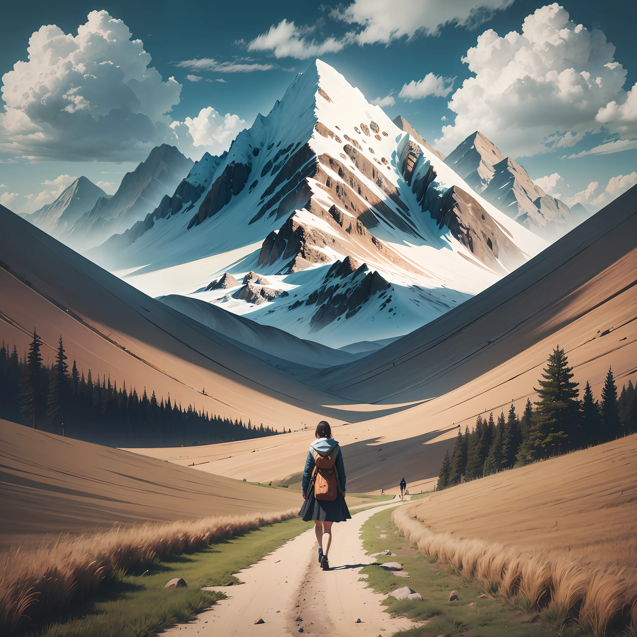 there is a woman walking down a path with a mountain in the background, collage art, surreal collage, collage artwork, a contemporary artistic collage, paper collage art, paper cut out collage artwork, digital collage, zig-zags. mountains, ( collage ), contemporary collage, paper collage, cut-out paper collage, collage style joseba elorza, frank moth --auto --s2