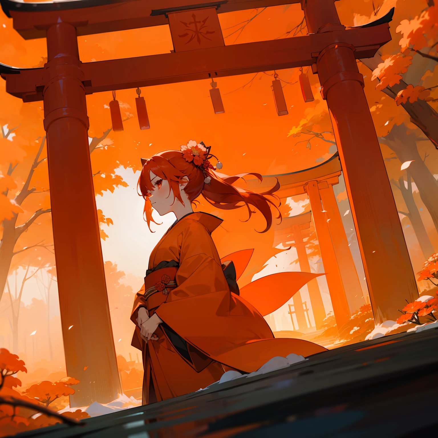 (Beautifully Aesthetic:1.2)、(1girl in:1.3)、(Orange and red colorful hair:1.2)、Wearing orange and red colorful kimono、winter cherry、shrines、natta、torii gate、Mystical、Demon lantern flower、Demon Lantern Fire
