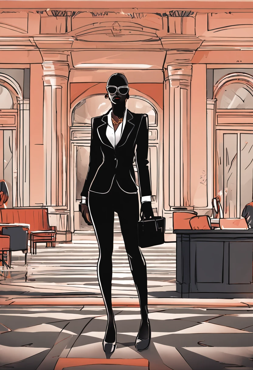 A female bank clerk in the arms of a tall black man, Wearing glasses, Wearing a women's black blazer, white shirt, a black skirt, black pantyhoses, high-heels, Inside the hotel room.