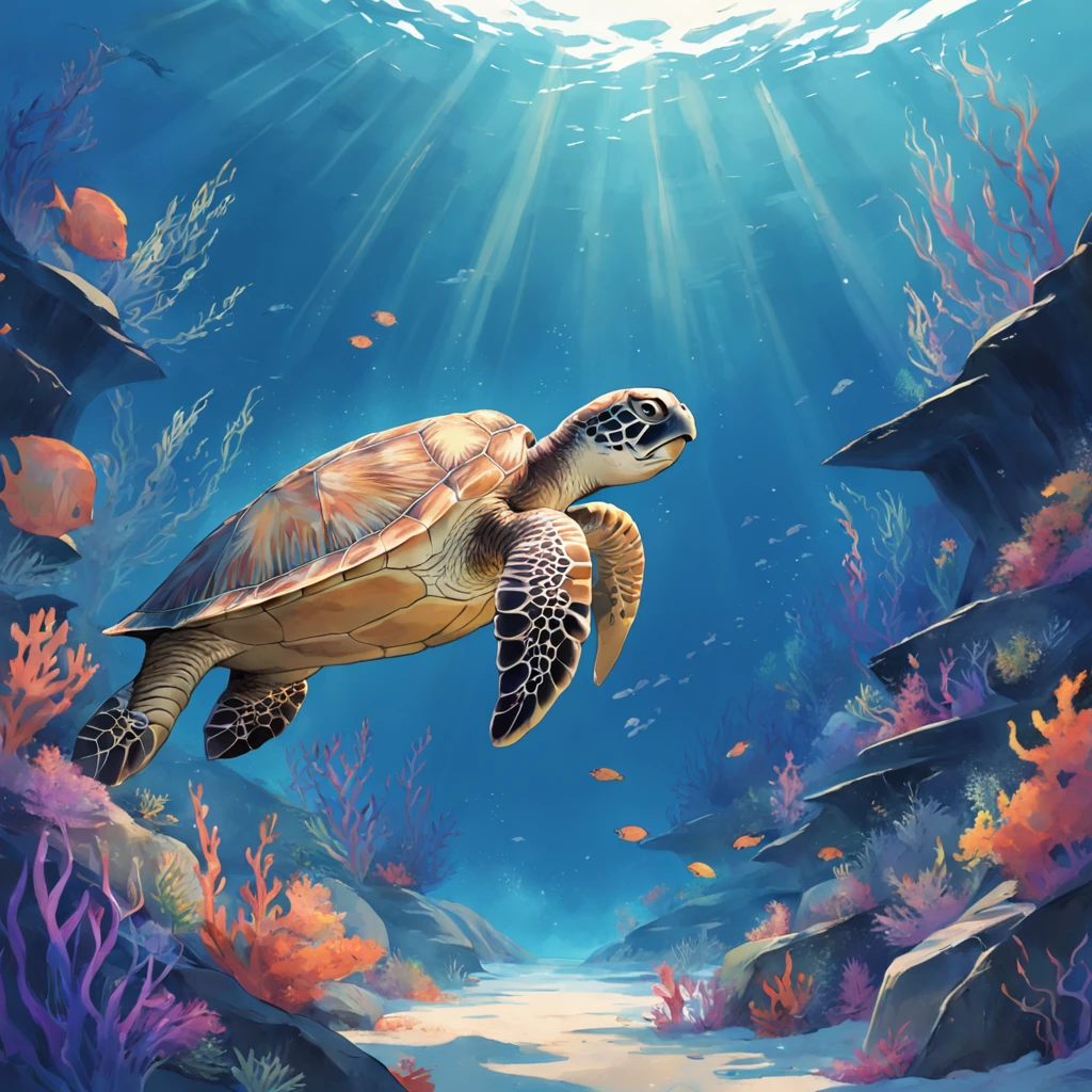 sea turtle　sea surface　illustratio　２D