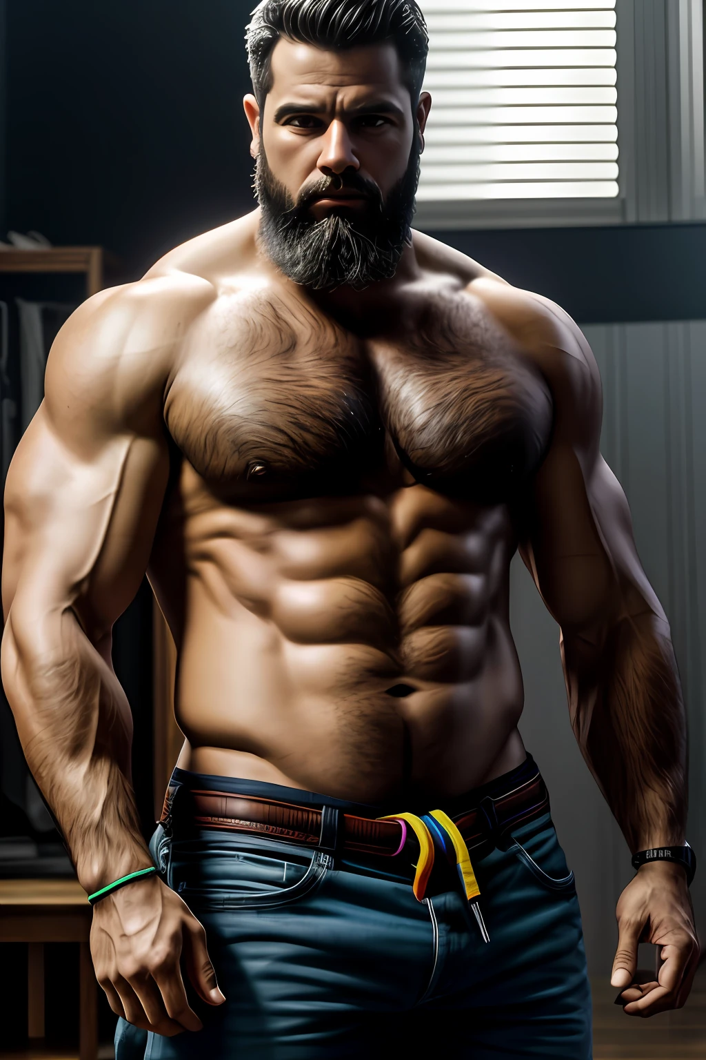 Um retrato fotografia de corpo inteiro Um motorista de caminhoneiro pesado de meia idade trativo, Forte, musculoso, cabeludo fisiculturista de barriga grande, showing very hairy groin area, cueca samba xancao estampada, epic realistic, foto, desbotado, cores neutras, ((((hdr)))), cores mudas, cena intrincada, artstation, detalhes intrincados, vinheta